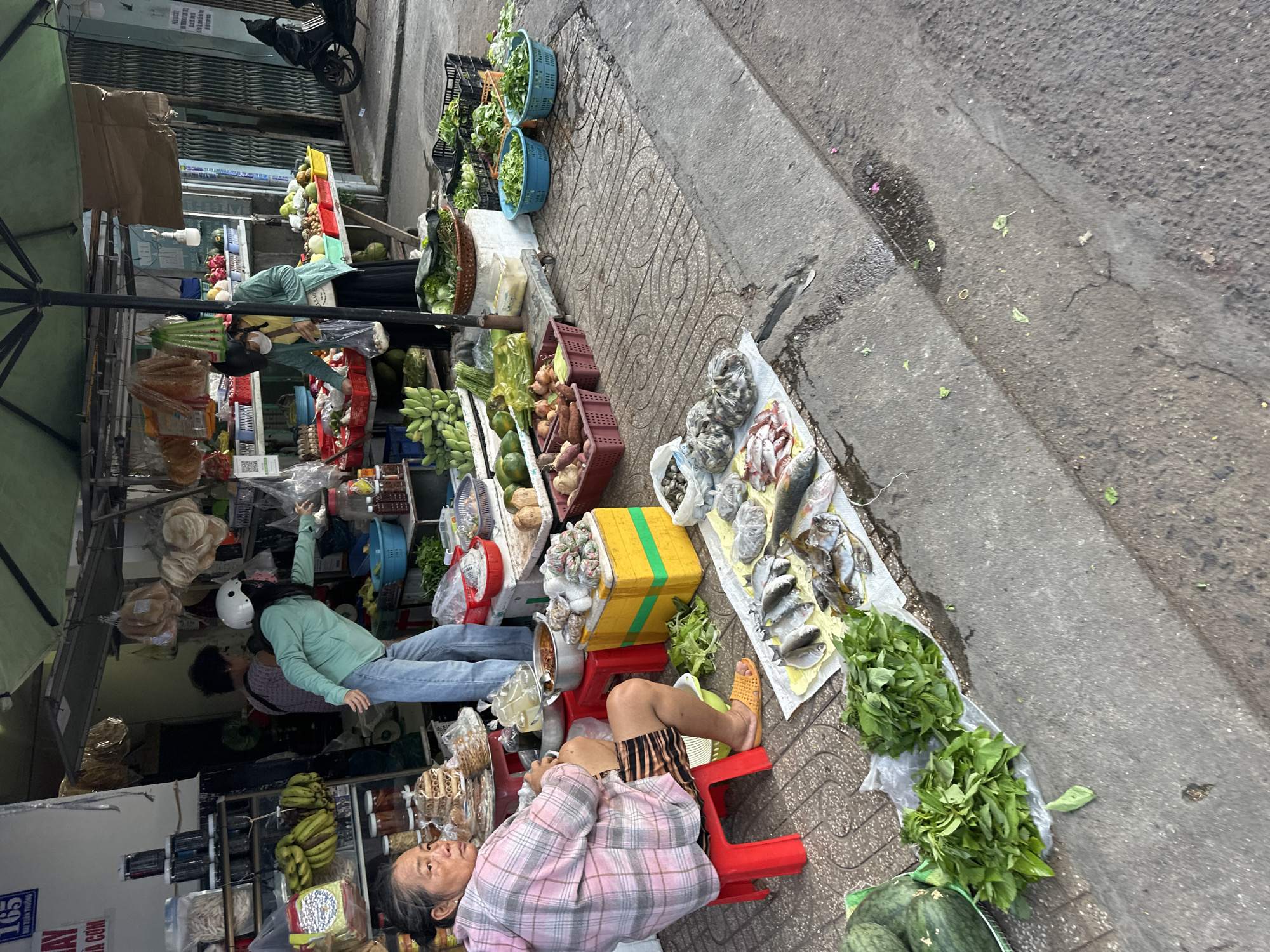 This is a medium shot, taken from a high angle, of a busy outdoor market scene in Bac Nha Trang Ward, Vietnam. The image is oriented sideways, with the market stalls running from the bottom left to the top right of the frame, alongside a paved street.
The scene is filled with various food items for sale, including a large bunch of bananas, various fruits such as dragon fruit and what appear to be pomelos, root vegetables like sweet potatoes, and baskets of leafy green vegetables. In the foreground, laid out on a white sheet, are several fresh fish, some whole and others cleaned.
Two people are visible. In the lower portion of the frame, a woman is seated on a red plastic stool, looking to her left with a neutral expression. She is wearing a pink and white plaid shirt and dark striped shorts. In the middle of the frame, another person wearing a light green long-sleeved shirt, blue jeans, and a white helmet is standing and appears to be attending to the market stall. Their posture suggests they are actively involved in the market operations, perhaps arranging goods or interacting with customers.
Behind the stalls, various items are stored, including bags of what look like rice crackers or dried goods, bottles of condiments, and other packaged foods. The overall impression is that of a vibrant, local market, likely operating during daylight hours. The wet pavement suggests recent rain or the morning dew. The abundance of fresh produce and seafood indicates a focus on local ingredients.