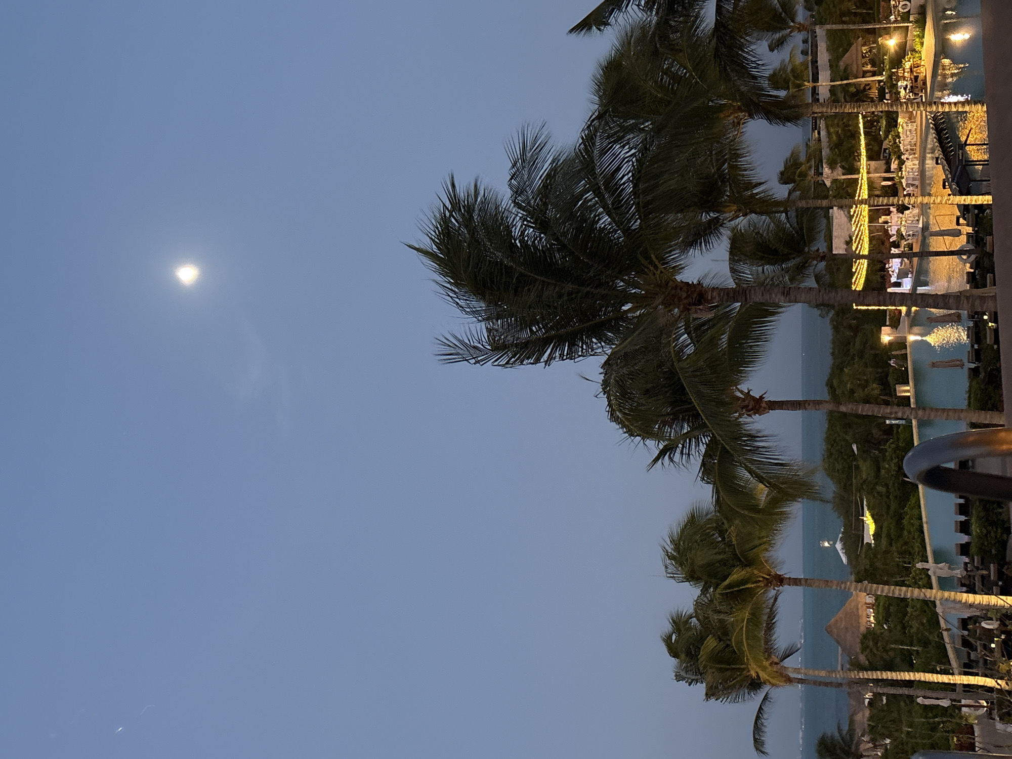 A twilight scene in Punta Sam, Mexico, shows a calm ocean and a clear blue sky with a bright full moon. Palm trees in the foreground sway gently in the breeze, their fronds creating a silhouette against the darkening sky. In the mid-ground, a resort with a swimming pool, illuminated by string lights, is visible, with tables set for an outdoor dining experience. Beyond the resort, a thatched-roof building and a lighthouse can be seen near the water's edge. The overall atmosphere is serene and inviting, suggesting a peaceful evening in a tropical paradise.