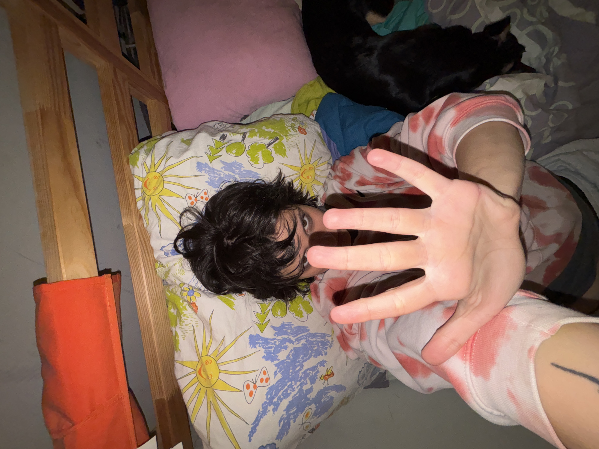 The image captures a dimly lit indoor scene, likely a bedroom, with a person lying on a bed. The bed appears to be a bunk bed, indicated by wooden slats visible above. The person, with dark hair, is looking towards the camera, holding up their hand to partially obscure their face. They are wearing a tie-dye sweatshirt with pink and white patterns. A black dog is also present on the bed, lying to the right of the person. The bedding features a cartoonish design with suns and butterflies. An orange item, possibly a blanket or cushion, is positioned at the top of the frame. The overall environment suggests a casual, personal space. There is no information within the image to suggest a location in Sofia, Bulgaria.
