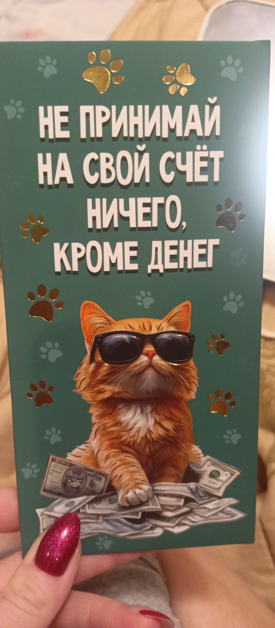 A close-up photograph displays a humorous greeting card held by a person's hand. The card features a dark teal-green background embellished with scattered golden, shiny paw prints and fainter, light green paw prints. The central illustration is a fluffy, orange ginger cat wearing black sunglasses, sitting confidently on a large pile of U.S. dollar bills. One of the dollar bills conspicuously shows a cat's face instead of a human portrait.
Above the cat, prominent white Cyrillic text with a shadow effect reads:
"НЕ ПРИНИМАЙ
НА СВОЙ СЧЁТ
НИЧЕГО,
КРОМЕ ДЕНЕГ"
This translates to: "DO NOT TAKE TO YOUR ACCOUNT ANYTHING, EXCEPT MONEY."
The person's hand, partially visible at the bottom left, has nails painted with a shimmering red polish. The background behind the card is out of focus, suggesting an indoor setting. The card's design conveys a playful and financially themed message.