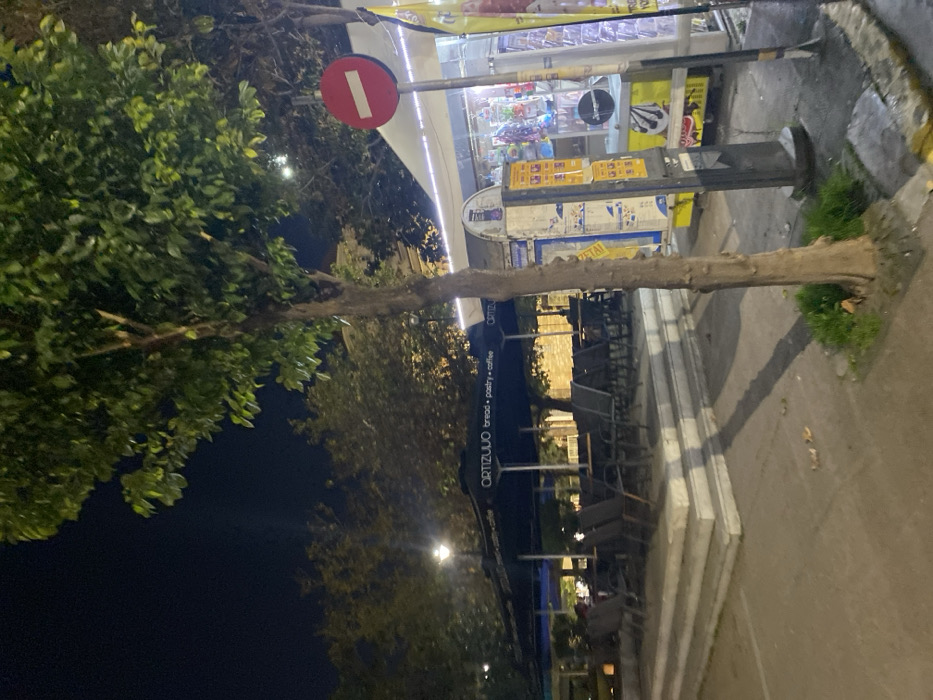 This nighttime photograph, taken in Egaleo, Greece, captures a street scene illuminated by artificial lights. The image is oriented sideways, with trees and buildings appearing to lean horizontally.
On the left side, dense green foliage of a large tree dominates the foreground against a dark night sky. Towards the center, a thinner, bare-trunked tree stands upright from a small patch of grass on the pavement. Above this tree, a prominent red circular sign with a white horizontal bar, indicating "no entry" or "do not enter," is mounted on a pole.
To the right, a brightly lit storefront or kiosk displays various products behind glass, suggesting a convenience store or snack shop. Yellow banners with some indistinguishable Greek text are visible above and around the kiosk. Adjacent to the kiosk, a dark metallic stand, possibly for advertisements or newspapers, is situated on the sidewalk.
Below the kiosk and extending towards the center, an outdoor seating area with several tables and chairs is visible, covered by a dark awning. Text on the awning clearly reads "ORTIZUUO bread • pastry • coffee," indicating a cafe or bakery. The pavement and a raised curb run along the front of these establishments.
No people are visible, and no specific activity is taking place, giving the scene a quiet ambiance. The artificial lighting from the storefronts and streetlights contrasts with the dark surroundings, highlighting the commercial areas.