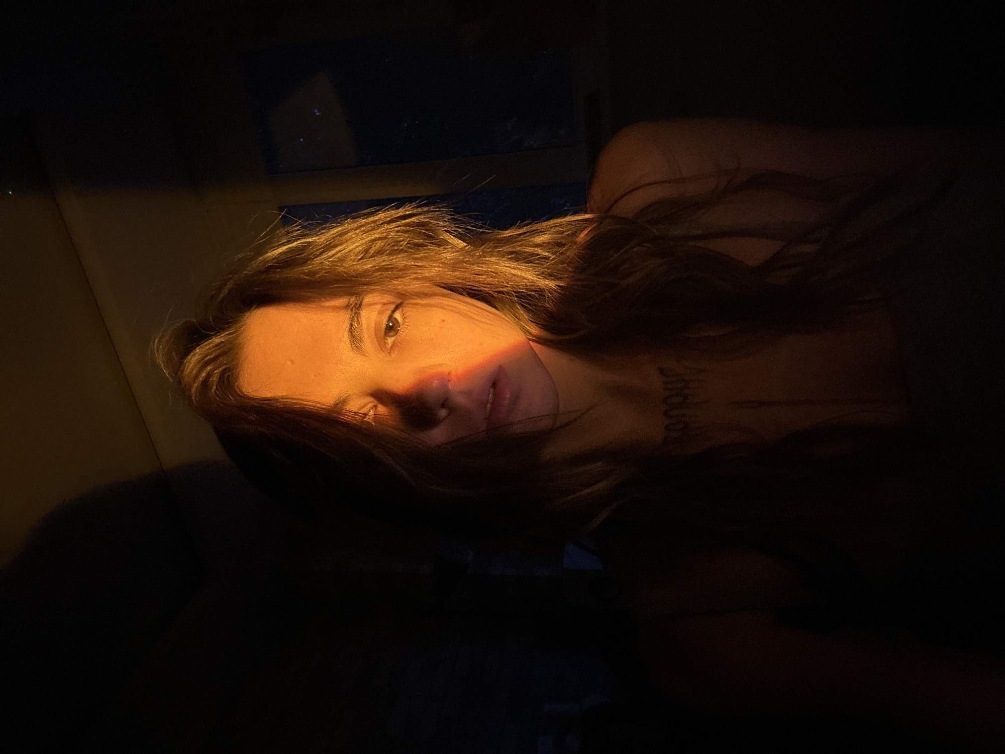 A young woman with long, wavy brown hair is dimly lit by a golden-orange light that falls across her face from the left. She is looking directly at the camera with a neutral expression. Her eyes are visible, with the light catching her right iris. There is some text tattooed on her collarbone, but it is mostly obscured by shadow and hair. She appears to be indoors, with a dark background that suggests nighttime or low light conditions. A faint outline of a window can be seen in the upper right quadrant of the image. The overall mood is intimate and somewhat mysterious due to the dramatic lighting. The location is unknown and cannot be determined from the image alone.