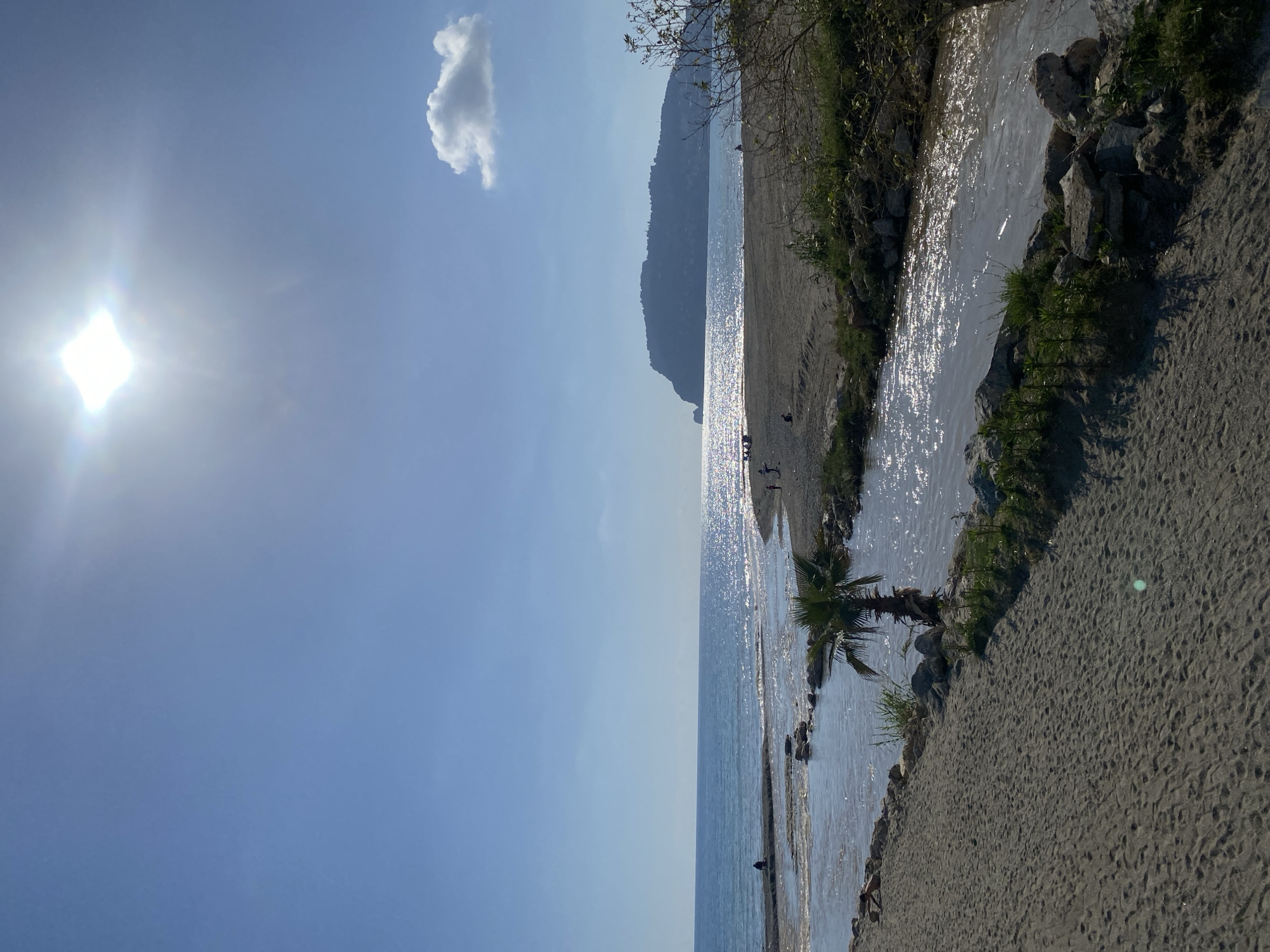 The image shows a beach scene in Alanya, Turkey. The sky is blue with a single cloud and the sun shining brightly. The Mediterranean Sea is visible, with sunlight reflecting off the water's surface. A beach stretches along the coastline. A small stream flows into the sea. Vegetation, including palm trees and other greenery, grows along the edge of the stream and beach. In the distance, a mountain is seen. There are people visible in the distance walking along the beach and sitting on the sand near the stream.