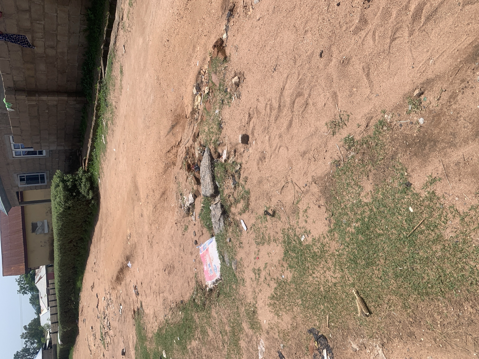 A ground-level, medium shot captures a dusty, unpaved road in Jauro Yinu, Nigeria. The road is bordered by a neatly trimmed green hedge on the left and a rough, block-built wall with corrugated metal roofing on the right, suggesting a residential or commercial area. Scattered across the road are various debris, including pieces of concrete, bricks, and litter such as a pink and white package, likely for detergent, and a discarded corn cob. The sandy surface of the road shows tire tracks and footprints. Vegetation, including sparse grass and weeds, grows in patches along the roadside and among the debris. In the background, the walls of buildings, some with windows, are visible. The overall impression is one of a somewhat neglected, everyday environment.