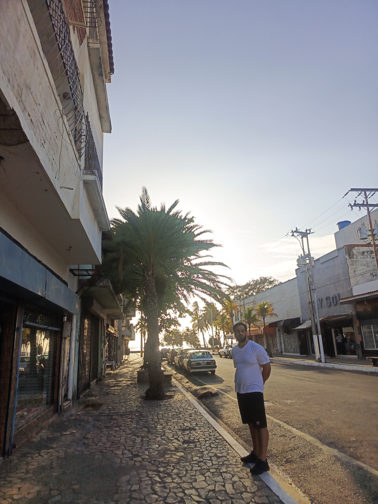 A man stands on a curb in Juan Griego, Venezuela, on a sunny day. He wears a white t-shirt and black shorts with black sneakers. The street is lined with buildings, one of which reads "Y SOL." A palm tree grows on the sidewalk behind him. Cars are parked along the street, which slopes down to the ocean in the distance. Overhead power lines cross the sky. The sidewalk is made of cobblestones.