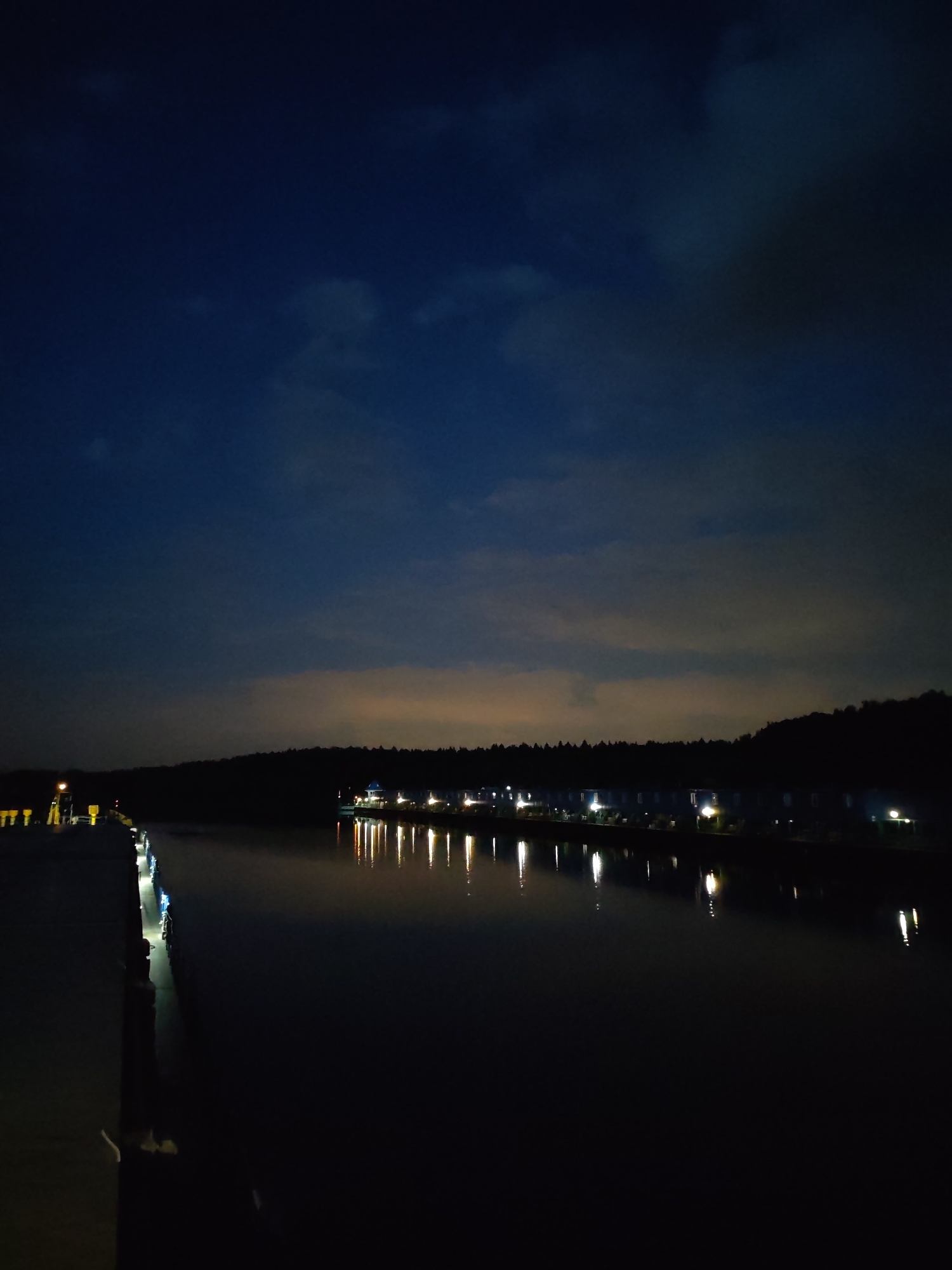 The image depicts a waterfront scene at night in Ermolino, Russia. A dark body of water reflects the lights from a row of buildings on the opposite shore. Silhouetted trees line the horizon behind the buildings. A pier extends into the water on the left side of the frame. The sky is a gradient of dark blue with cloud cover. No people are visible.