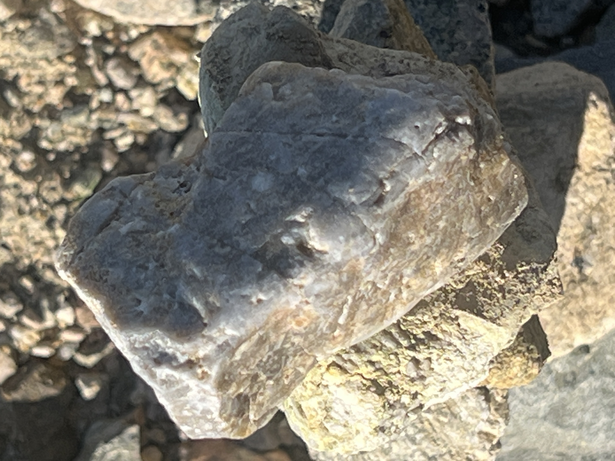 The image displays a close-up, eye-level shot of several rough, irregularly shaped rocks stacked on top of each other. The primary rock in the foreground is a large, pale grey and tan stone with a somewhat smooth, yet textured surface, showing variations in color and light. It is resting on other rocks, one of which appears lighter and more granular, with a yellowish hue. The background consists of a blurry scattering of smaller stones and pebbles, illuminated by sunlight, creating a dry, arid environment. The scene is devoid of any human presence or recognizable landmarks. The specific location in the city of Kozlovo, Russia, is not visually identifiable within the provided image.