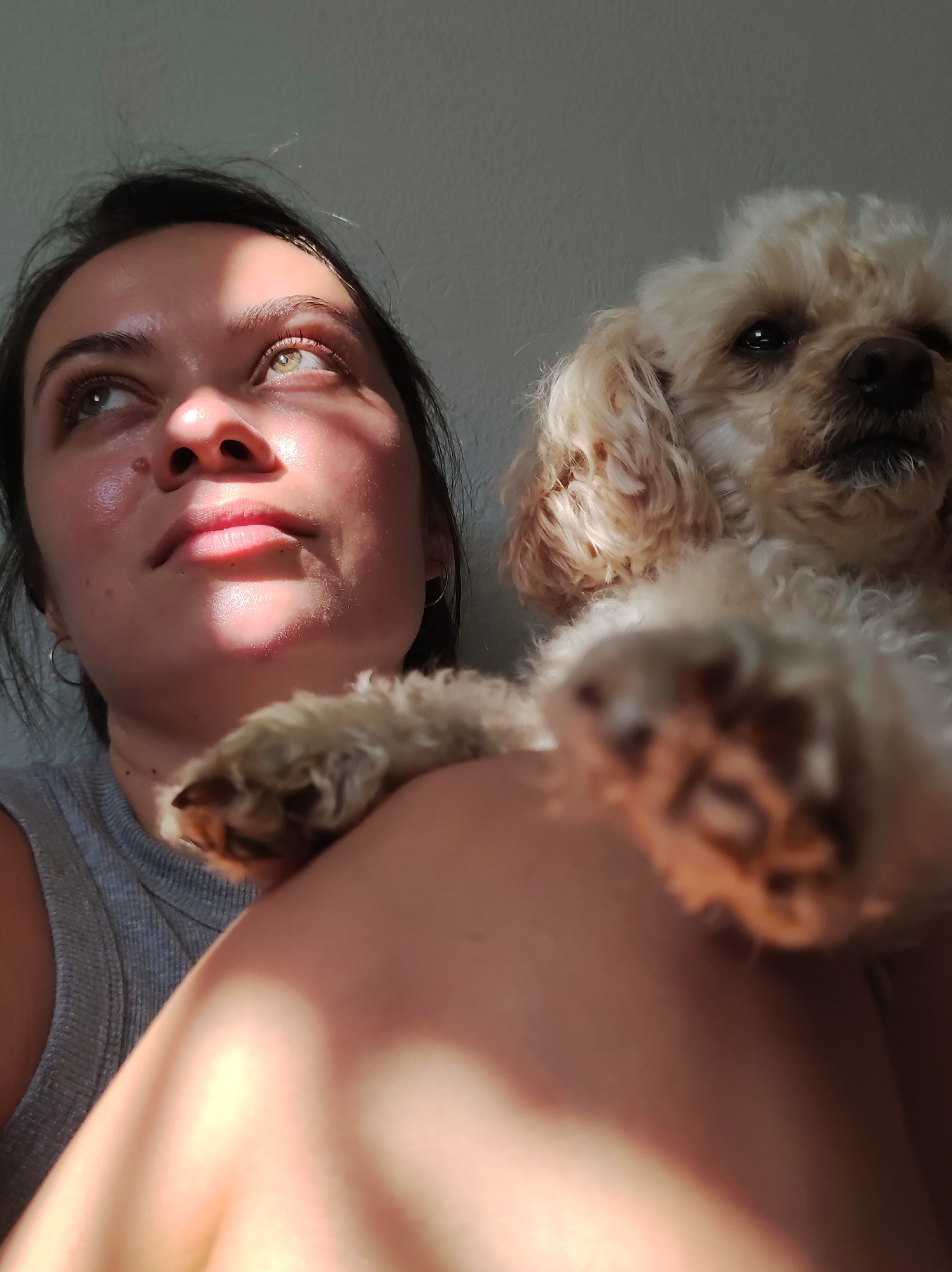 A low-angle, close-up outdoor shot shows a young woman with dark hair and green eyes looking upwards and to her left, her face illuminated by dappled sunlight that casts geometric shadows across her skin. She is wearing a grey ribbed tank top. Resting on her shoulder is a light-colored poodle or similar breed of dog, its front paws resting on her arm. The dog's face is in sharp focus, with dark eyes and a pink nose. The background is a plain, textured grey wall. The scene is not specific to Chaikovsky, Russia, or any other identifiable urban location.
