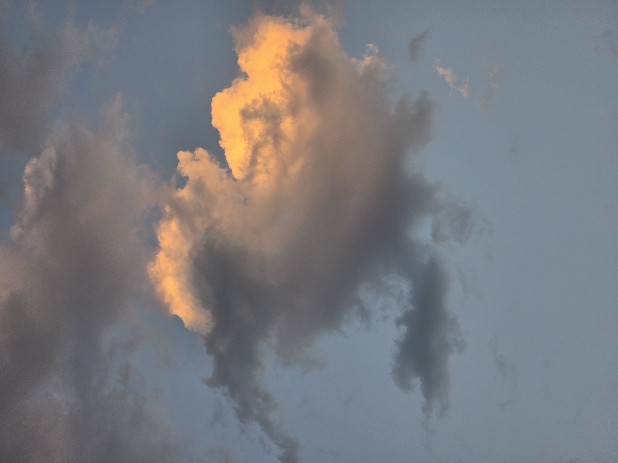 The image depicts a sky with clouds over the city of Bioče, Montenegro. A large, central cloud is illuminated by warm, golden light, contrasting with surrounding darker, gray clouds and the pale blue sky. The lighting suggests it is either sunrise or sunset. No people or specific objects are discernible within the frame. The composition focuses solely on the atmospheric phenomenon of the clouds and sky.