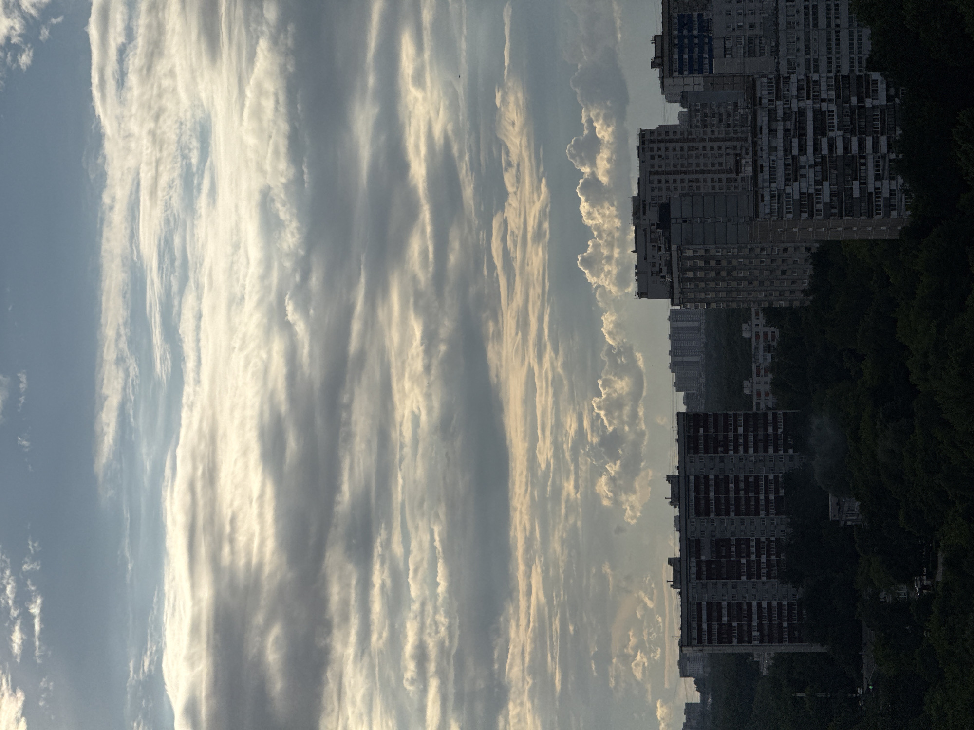 The image shows a view of a city skyline with apartment buildings and trees under a cloudy sky. The buildings are of various heights and styles, typical of urban housing in Moscow, Russia. The sky is filled with layered clouds, with patches of sunlight breaking through, creating a dramatic and somewhat overcast atmosphere. The lower part of the image is dominated by dark green trees, obscuring the lower levels of the buildings and creating a sense of density in the urban landscape. The overall impression is one of a residential area on a cloudy day.
