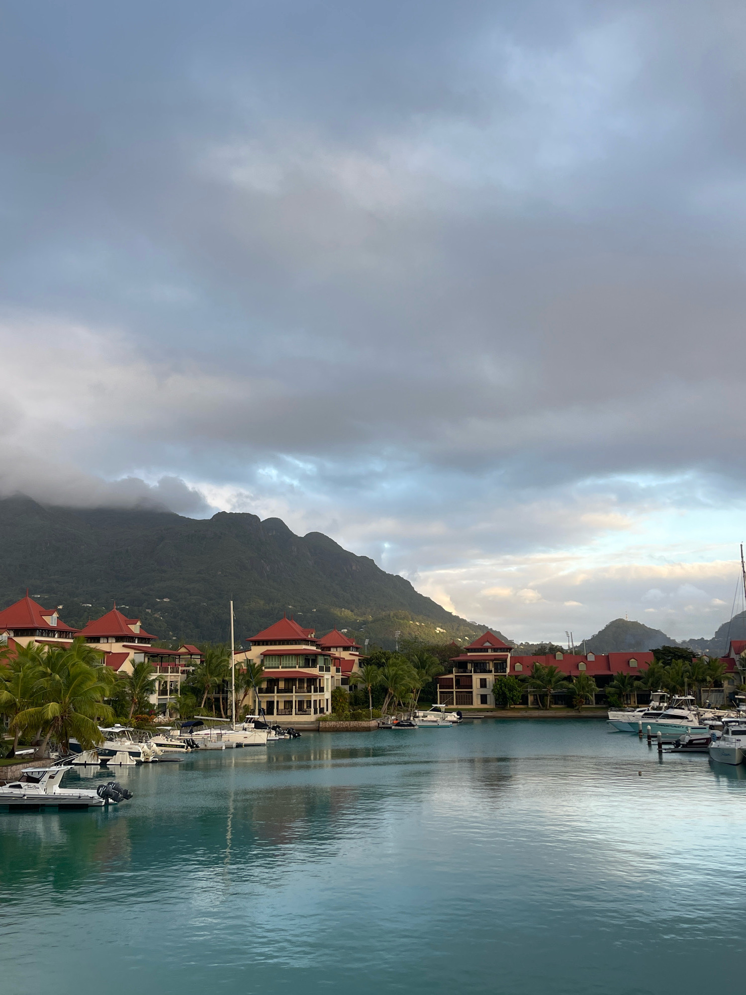 The image depicts a scenic view of a marina in Victoria, Seychelles, under a cloudy sky. In the foreground, the clear turquoise water of the harbor is visible, with several white motorboats docked along the quay. The boats are of various sizes, some with outboard motors clearly visible.
Behind the marina, a line of buildings with red-tiled roofs and cream-colored facades are situated. These appear to be resorts or luxury residences, with palm trees interspersed among them. The architecture suggests a tropical setting.
In the background, lush green mountains rise steeply, partially obscured by a layer of low-hanging clouds. The mountains are densely forested, indicating a natural, undeveloped landscape behind the developed coastline. The overall atmosphere is one of tranquility and natural beauty, characteristic of a tropical island destination. No people are visible in the image. The lighting suggests it might be early morning or late afternoon, with diffused light due to the cloud cover.