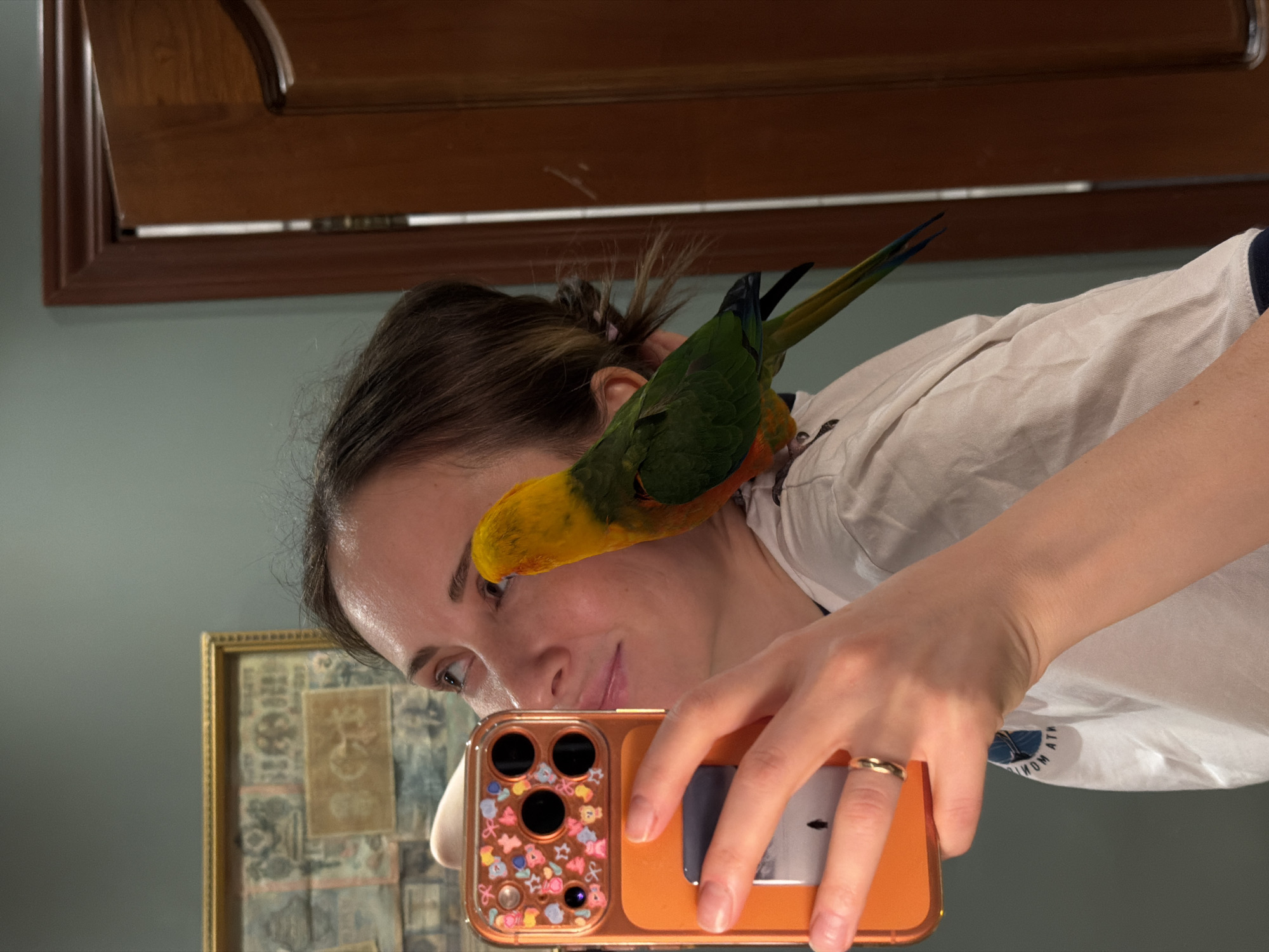 A woman is holding an orange smartphone with a case decorated with small, colorful figures, taking a selfie with a parrot perched on her shoulder. The parrot has yellow, orange, green, and blue plumage. The woman has brown hair pulled back, and is wearing a white shirt. Behind her are a wooden cabinet and a framed picture on the wall. The location is not specified in the prompt.