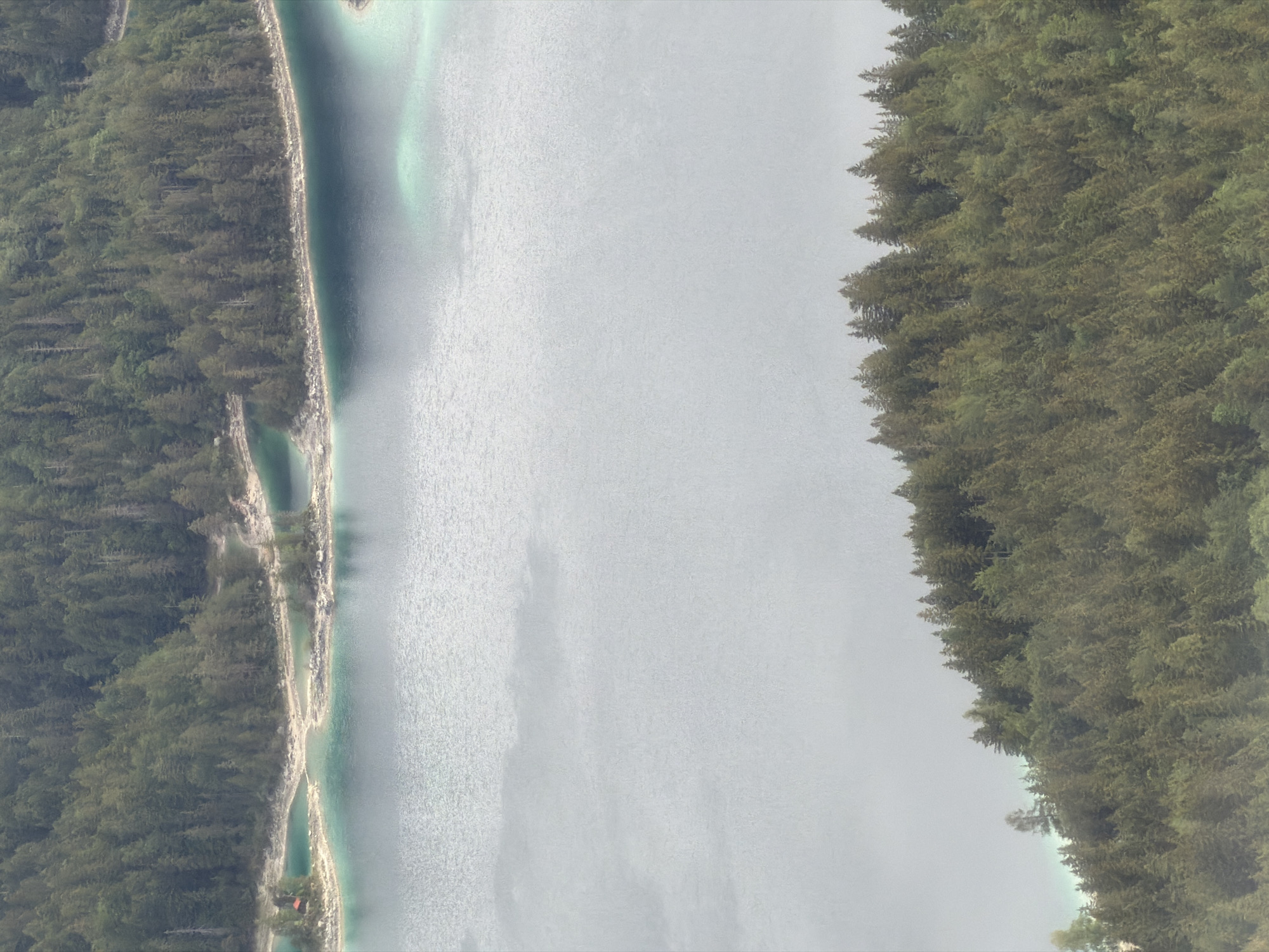 The image depicts a serene aerial view of a lake flanked by dense coniferous forests, likely Eibsee in Grainau, Germany. The main body of water stretches horizontally across the frame, showcasing shades of light grey to turquoise, indicating clear, possibly shallow areas or inlets. The water surface appears calm and slightly reflective, suggesting an overcast or hazy day.
Both the upper and lower banks of the lake are covered in thick evergreen trees, extending from the water's edge into the landscape. The shoreline itself is a mix of rocky outcrops and sandy stretches. On the lower bank, towards the left side of the frame, a small, distinct building with a reddish roof can be seen nestled among the trees close to the water. There are no people visible, and no specific activities are taking place, presenting a tranquil natural landscape. The lighting is soft and diffuse, characteristic of daytime under cloudy skies. No text is visible in the image.