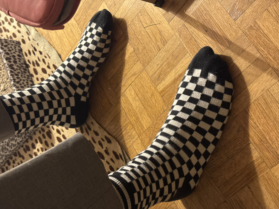 The image provides a close-up, high-angle view of a person's lower legs and feet, likely taken from their own perspective while seated. The person is wearing black and white checkerboard pattern socks, which feature solid black toes, heels, and ribbed cuffs. Grey trousers are visible on both legs, partially covering the socks near the ankles.
The setting is an indoor space, situated in Paris, France, as per context. The floor is made of polished wooden parquet, laid in a herringbone or similar pattern. A light-colored rug with dark, irregular spots, resembling an animal print (such as leopard or cheetah print), is visible under the left leg, spanning the bottom left portion of the frame. A small section of a reddish-brown object, possibly a piece of furniture or a bag, can be seen in the upper left corner.
Distinct shadows of the legs and feet are cast onto the wooden floor, suggesting natural light entering the room from a window, possibly indicating either morning or late afternoon. The scene depicts a casual, relaxed moment, with the person simply being seated. There is no visible text or discernible emotional expression in the image.