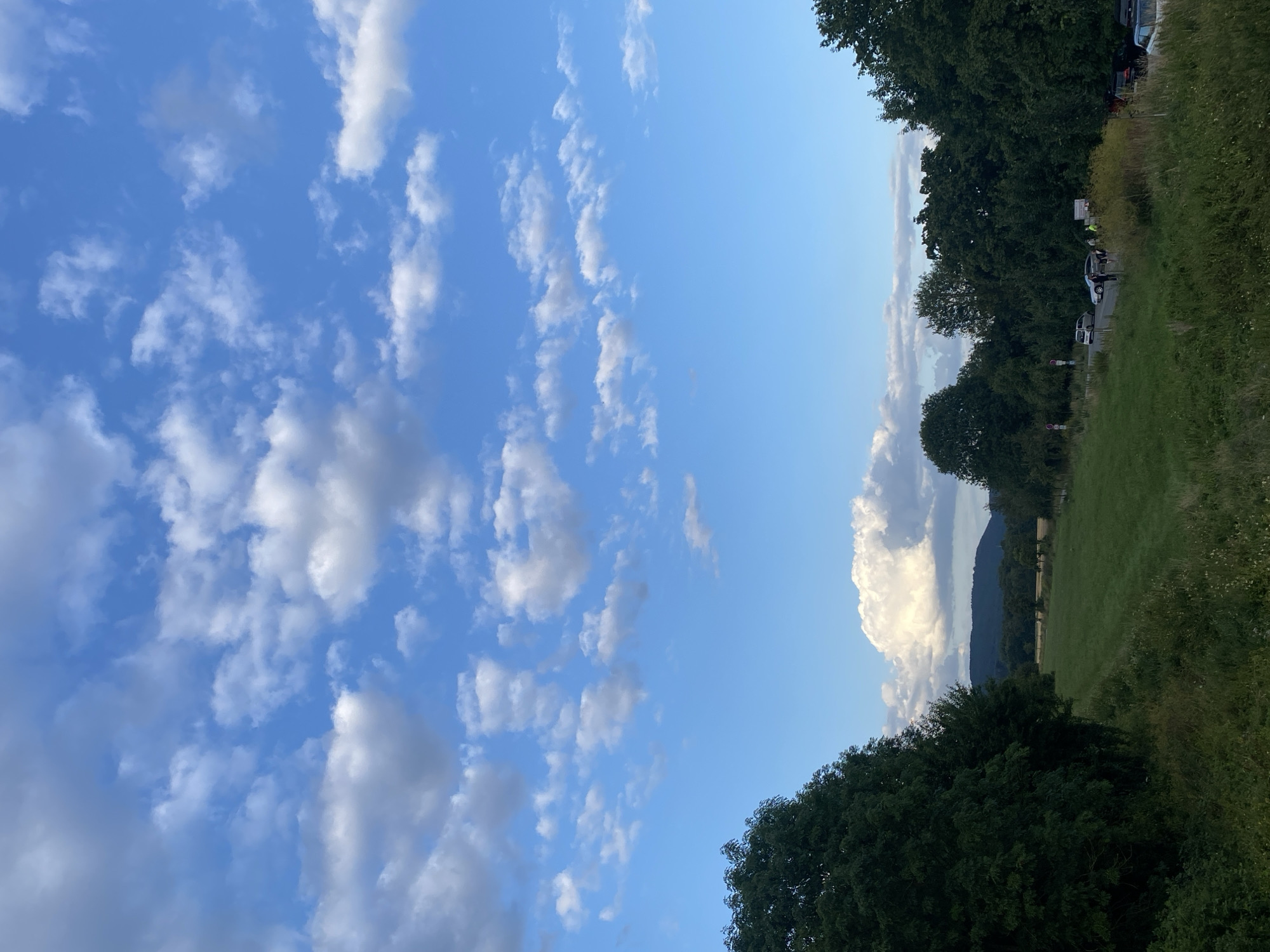 The image captures a scenic view in Rinteln, Germany, likely during late afternoon or early evening given the lighting. The sky is a vibrant blue, dotted with numerous fluffy white clouds, some appearing denser and darker in their lower portions, suggesting potential for rain or a more dramatic sunset later.
In the foreground, a lush green grassy field slopes gently downwards and to the right. To the left, a dense cluster of dark green trees forms a prominent border, their leaves creating a rich texture. The field itself is dotted with smaller, lighter green vegetation and wildflowers.
Further in the distance, a road winds its way through the landscape, bordered by trees and vegetation on both sides. Several vehicles are parked along the side of the road, including a silver minivan, a dark colored SUV, and what appears to be a white car. A group of people, numbering around five to seven individuals, are congregated near the parked vehicles. They appear to be standing and possibly interacting, though their specific actions are unclear. Two figures in yellow vests are visible among the group, potentially indicating some form of organized gathering or work activity.
Beyond the road and the immediate vegetation, a rolling hill or mountain range forms a backdrop. The terrain is covered in a darker green forest, with a prominent, large, white cumulus cloud formation hovering above the center of the hill. The overall impression is one of a tranquil, rural setting on the outskirts of Rinteln, Germany, with a touch of human activity present along the roadside.