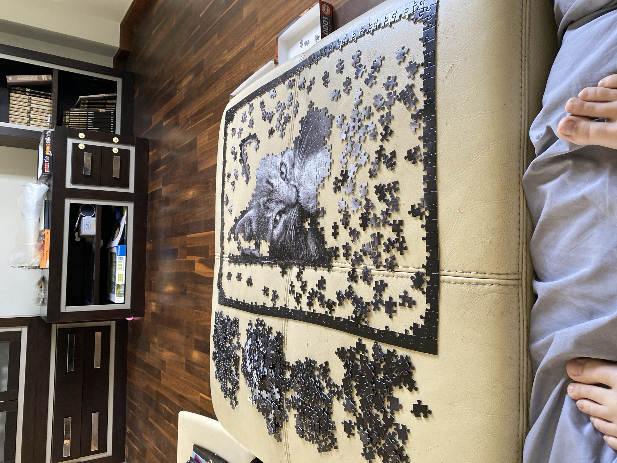 A partially assembled 1000-piece jigsaw puzzle depicting a cat is displayed on a beige leather sofa. The puzzle has a completed border and a section of the cat's face. Loose puzzle pieces are scattered on the sofa's surface. A puzzle box with the visible text "1000 PUZZLE" sits near the puzzle. The feet of a person are visible on the right edge of the sofa, covered by a gray sheet or blanket. A dark brown wooden cabinet with silver accents is visible in the background. The wooden floor behind the cabinet suggests a residential interior. The location of the scene is Villaviciosa, Spain, based on the user's request.