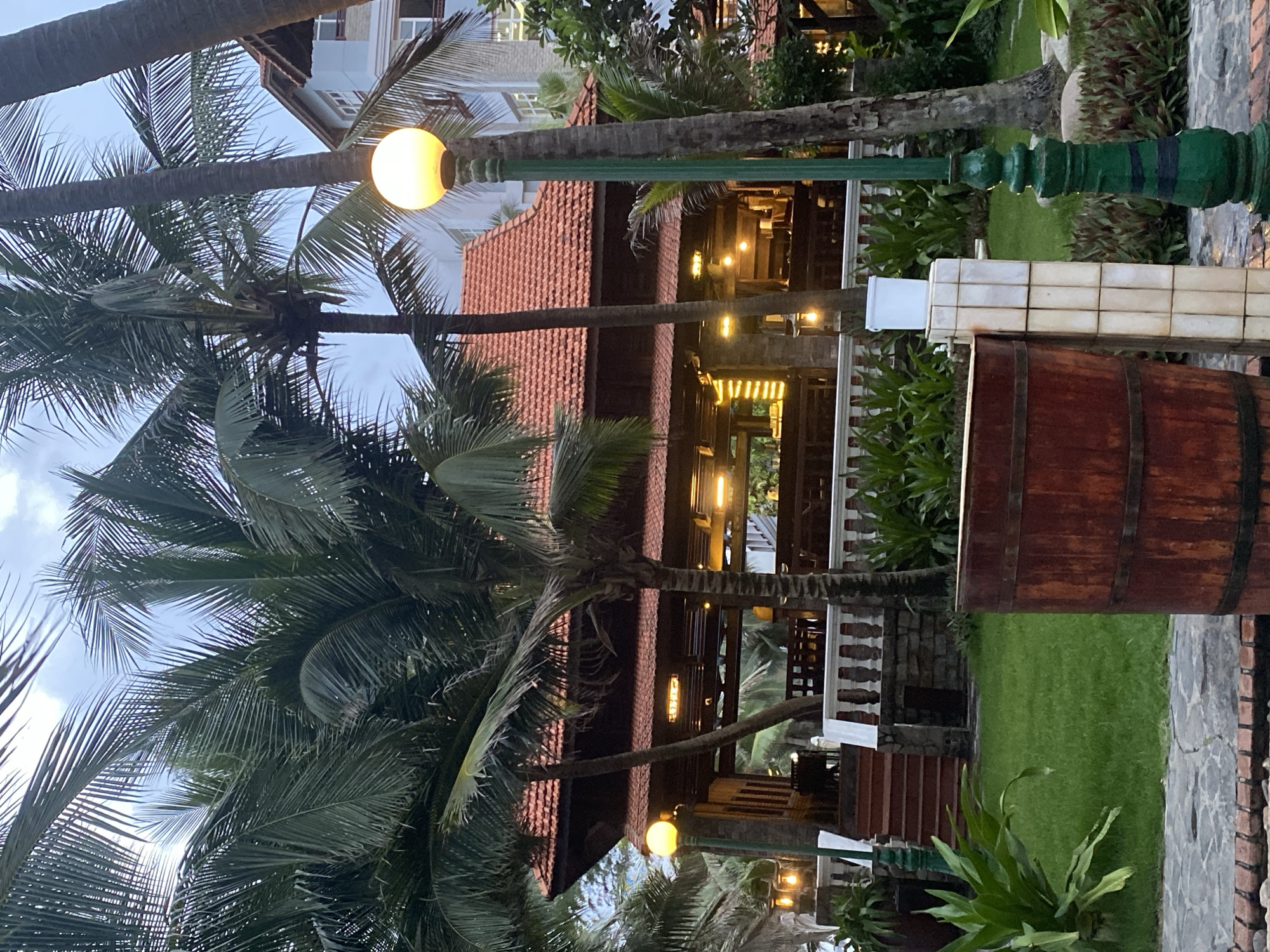 This image captures a scene in Phu Thuy Ward, Vietnam. Palm trees are prominent in the foreground, framing a building with a red-tiled roof. The building has a series of lights visible under the eaves. A lamppost with a glowing globe is interspersed among the palm trees. Adjacent to the building, there is a wooden barrel next to a white-tiled wall. In the background, another building with multiple windows is visible. The ground is covered with green vegetation.