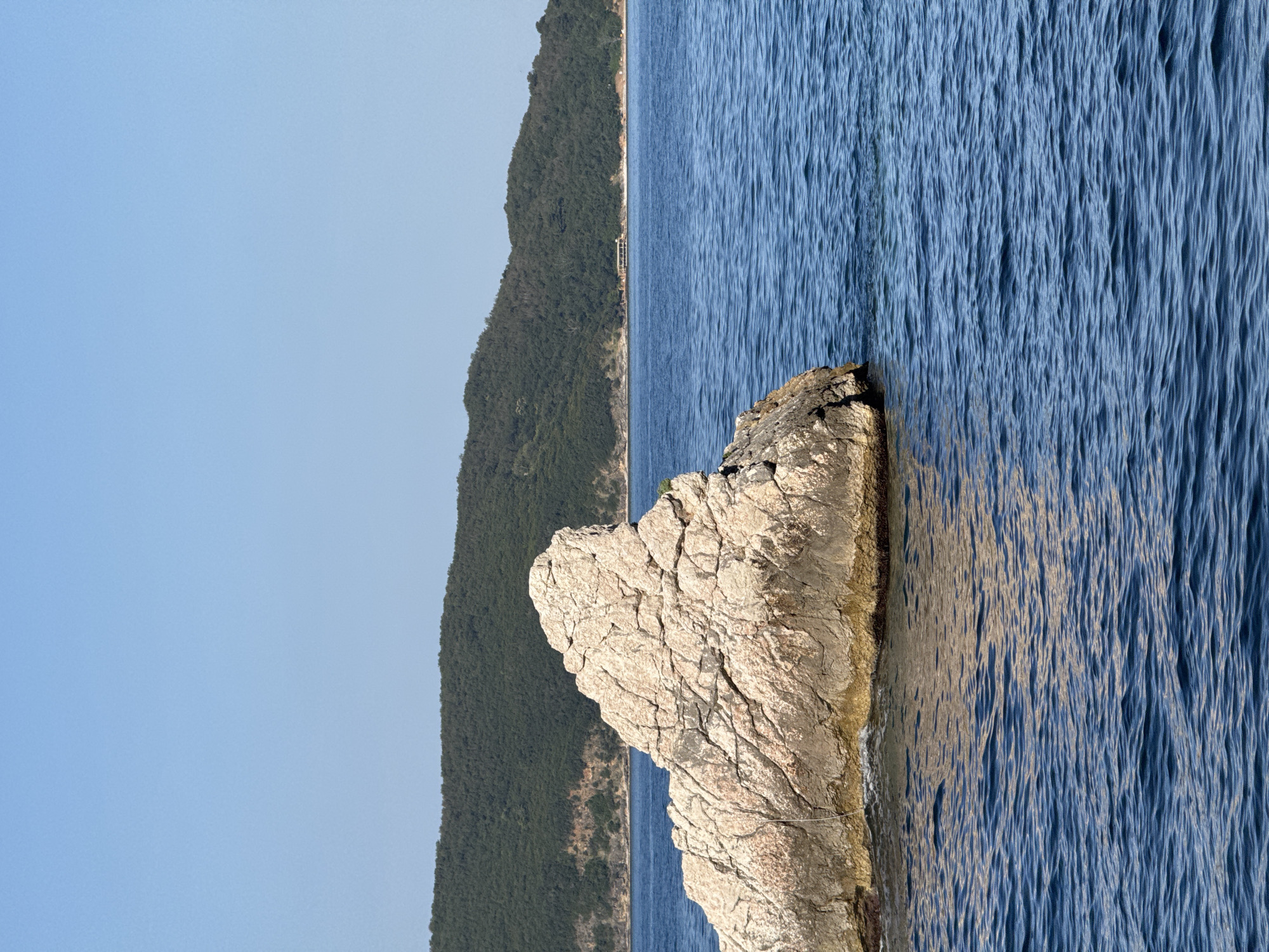 A jagged, light-colored rock formation juts out of the deep blue water of the Adriatic Sea in Boreti, Montenegro. The rock, weathered and fissured, is partially submerged, with small waves lapping at its base. In the background, a lush, green, forested hill slopes down towards the water, suggesting a coastal landscape. The sky above is a clear, cloudless blue. The scene is tranquil and natural, devoid of any human activity or man-made structures apart from a distant, small, light-colored building with a roof, possibly a pavilion or observation deck, visible on the shoreline of the forested hill.