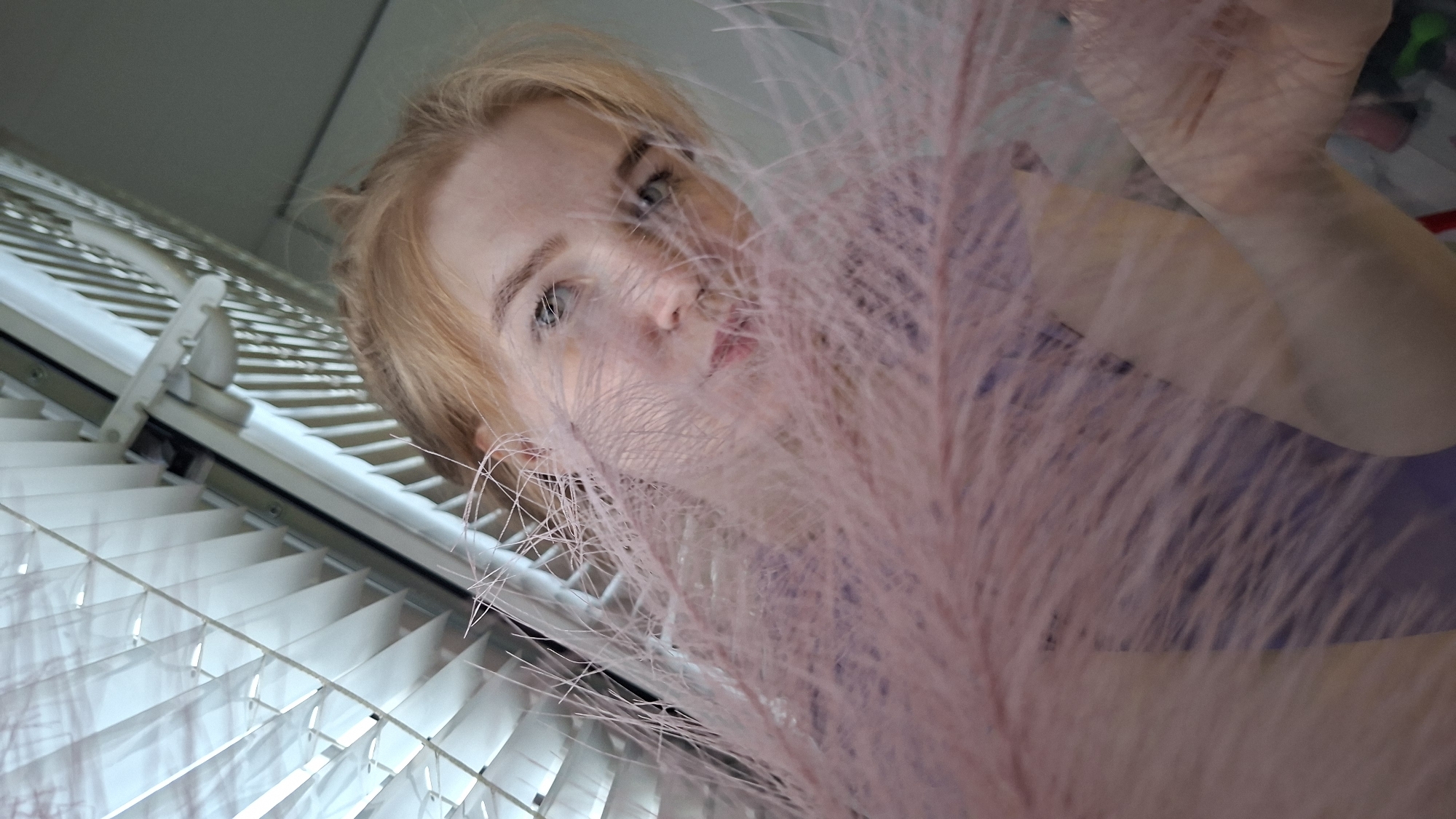 A fair-skinned individual with light blonde or light brown hair is depicted in a medium close-up, gazing towards the viewer from the center-right of the frame. The subject's face is partially obscured by a dense, blurred mass of light pink, feathery material occupying the lower and central foreground. Visible facial features include light-colored eyes, eyebrows, a portion of the nose, and slightly parted lips. The individual is wearing a dark-colored top. In the upper left background, white Venetian blinds are visible, oriented vertically within the frame, suggesting a window. The upper right background displays a plain, light-colored wall or ceiling. A blurred arm and hand are faintly discernible in the lower right background, behind the feathery material. The scene is illuminated by ambient light, likely from the window area, within an indoor setting in Chaikovsky, Russia.