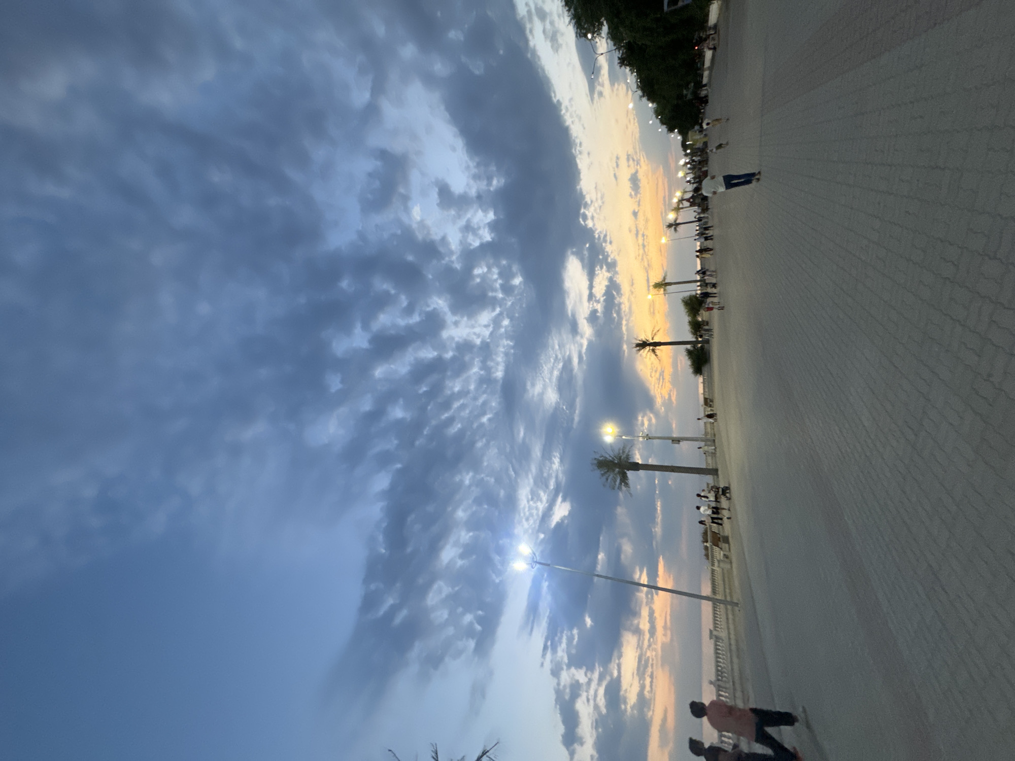 The image depicts a wide paved promenade alongside a body of water, likely the Caspian Sea, in Aktau, Kazakhstan, at dusk. The sky is a dramatic blend of blues, grays, and oranges, with textured clouds suggesting an approaching sunset or a recent storm. Several palm trees are visible, characteristic of the region's coastal landscape. Lampposts illuminate the promenade, casting a warm glow on the scene.
A number of people are present, engaged in various activities. On the left side of the promenade, two individuals are walking towards the camera. Further along, a diverse group of people strolls, some with strollers, suggesting a leisurely evening activity. In the middle ground, a person in a white shirt and blue pants is walking away from the camera, while a smaller figure, possibly a child, is a short distance ahead. The promenade is paved with interlocking gray bricks, and a decorative white railing separates it from the water on the left. On the right side, a dense line of trees borders the promenade, with more lampposts visible intermittently. The overall atmosphere is one of a public space being utilized by residents for recreation as the day transitions to night.