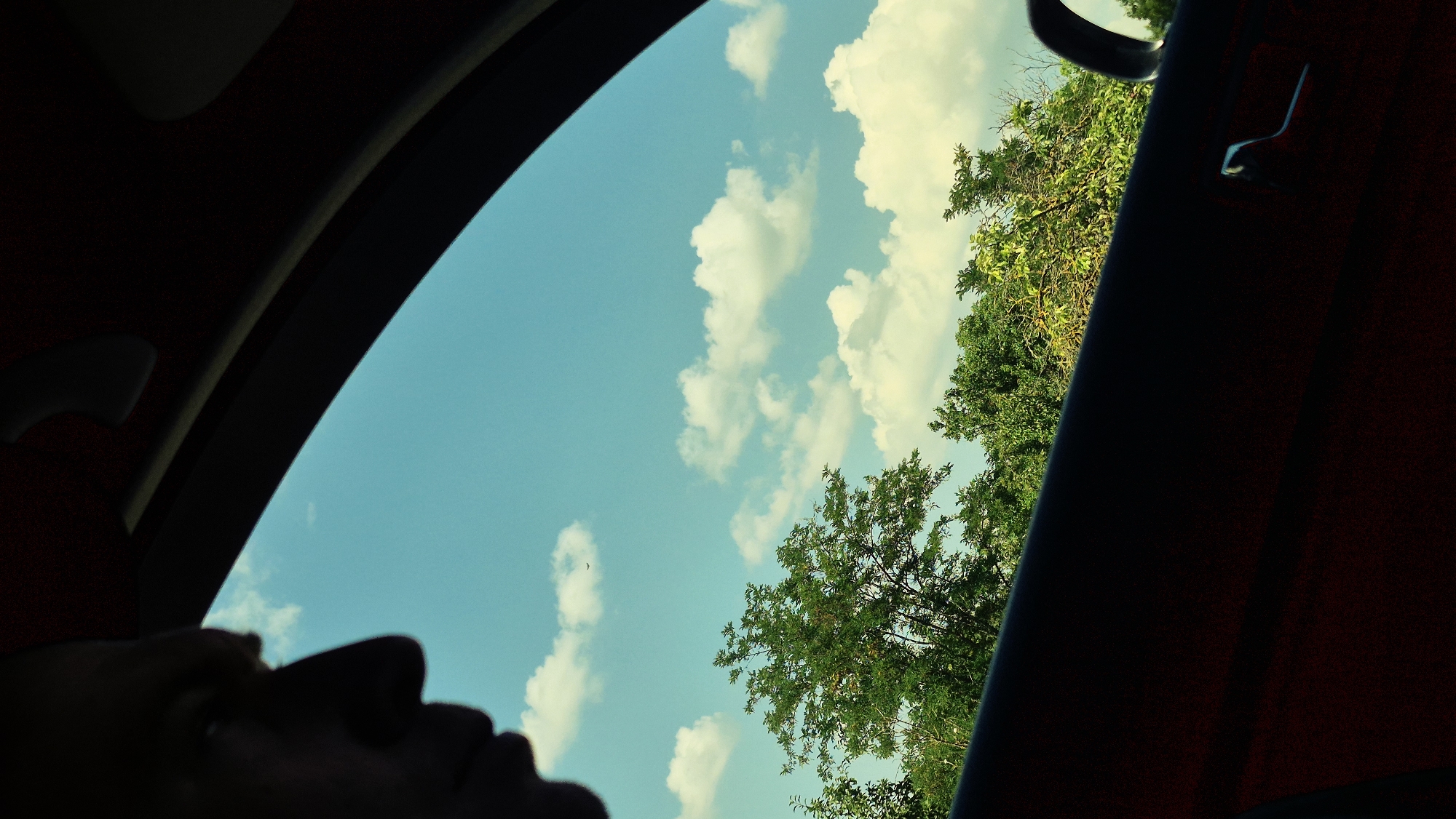 The image captures a perspective looking up through a car sunroof towards a bright blue sky dotted with fluffy white clouds. Lush green trees line the right side of the frame, suggesting an outdoor setting in a natural environment. In the lower left corner, a silhouette of a person's face is visible, looking upwards. The person's head is angled, with their profile in shadow against the bright sky. The car's interior is hinted at by the dark, curved edges of the sunroof and the reddish-brown upholstery on the right side. The overall scene evokes a sense of calm and contemplation, perhaps a leisurely drive or a moment of reflection. The sunlight suggests it is daytime, likely late morning or afternoon, with pleasant weather. The location context of Mihailovca, Moldova, implies a rural or semi-rural setting with abundant greenery. There is no visible text in the image.