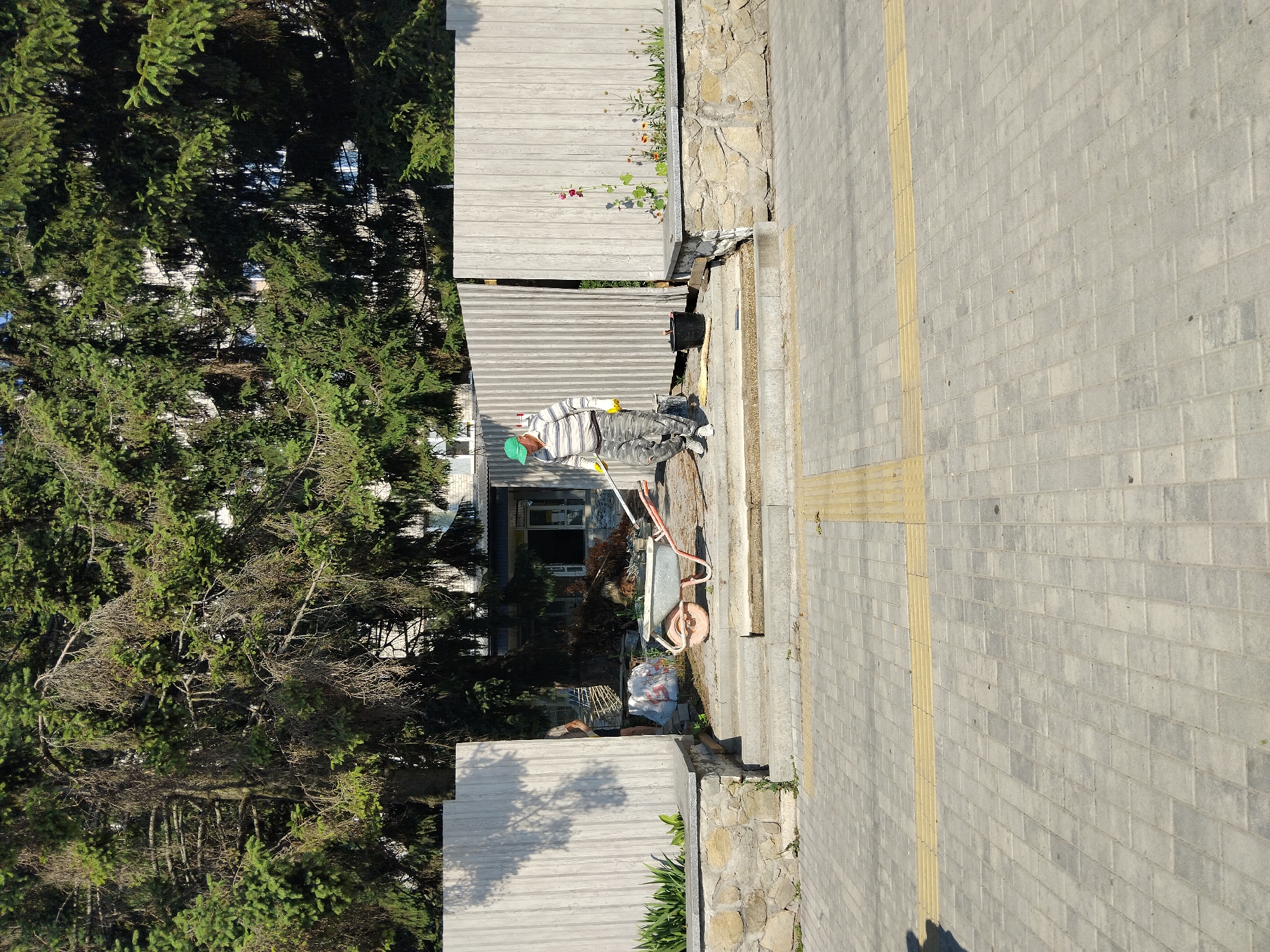 An individual in a green cap and a striped shirt is pushing a wheelbarrow up a set of concrete stairs. The person is wearing camouflage pants and yellow gloves. Behind them, a light-colored wooden fence stretches across the scene, partially obscuring a building. The area is surrounded by lush green trees. The foreground shows a paved walkway with tactile paving. The location is in the city of Zhytomyr, Ukraine.
