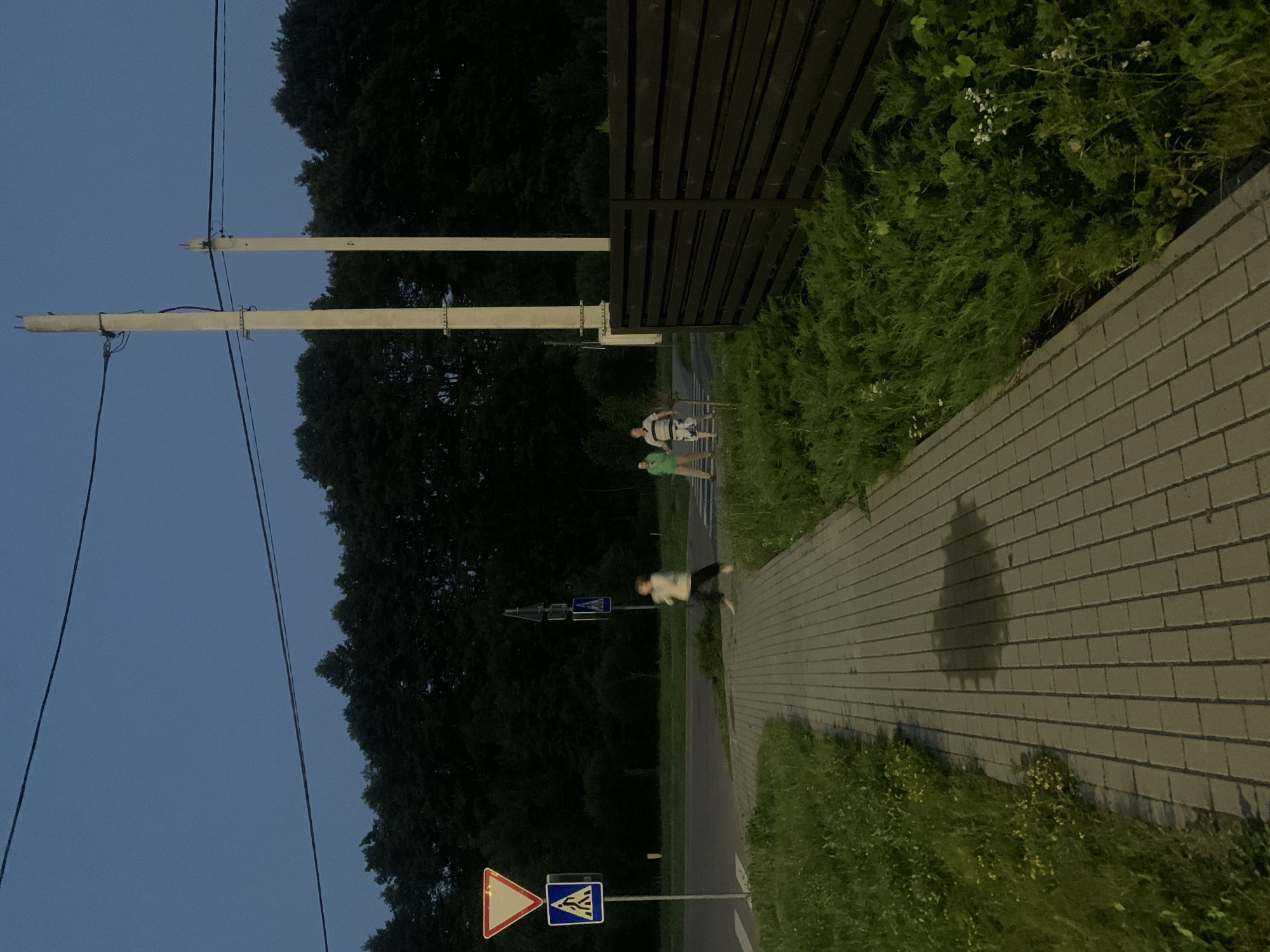 In Minsk, Belarus, at dusk, a pedestrian walkway made of light gray rectangular pavers runs along a grassy verge. Further ahead, a street crossing is visible with a yield sign and a pedestrian crossing sign. Two people are crossing the street, one in a white and tan horizontally striped shirt and checkered shorts, and another in a green jacket and light pants. Another individual, blurred due to motion, walks along the pedestrian path. Power lines crisscross the dim, twilight sky, supported by two tall, weathered concrete utility poles. On the right, a dark wooden slatted fence runs alongside dense green shrubs. The overall atmosphere is calm and quiet, indicative of a residential area in the early evening.