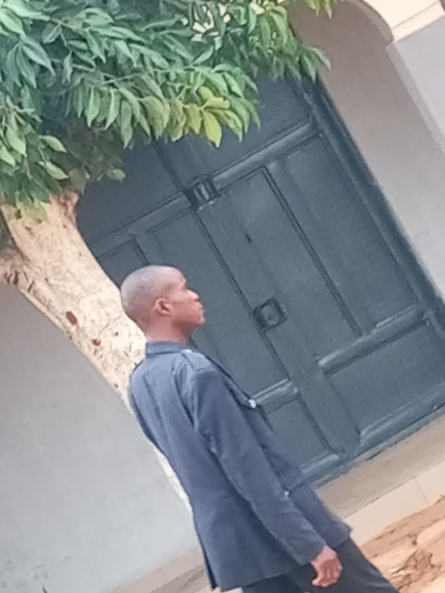 A young Black male, with a shaved head and light skin, stands with his side facing the camera, looking towards the right. He is wearing a dark blue button-down shirt, possibly a uniform, with shoulder epaulets. His left hand is visible, resting on his pants. He appears to be standing next to a tree with a light-colored, textured trunk and green leaves. Behind him is a large, dark blue double door with visible paneling and a recessed handle on the right side. The door is set within a beige-colored archway. The overall environment appears to be an outdoor urban setting, likely in Tempure, Nigeria, with a concrete or stucco wall visible to the left. The lighting suggests it is daytime.