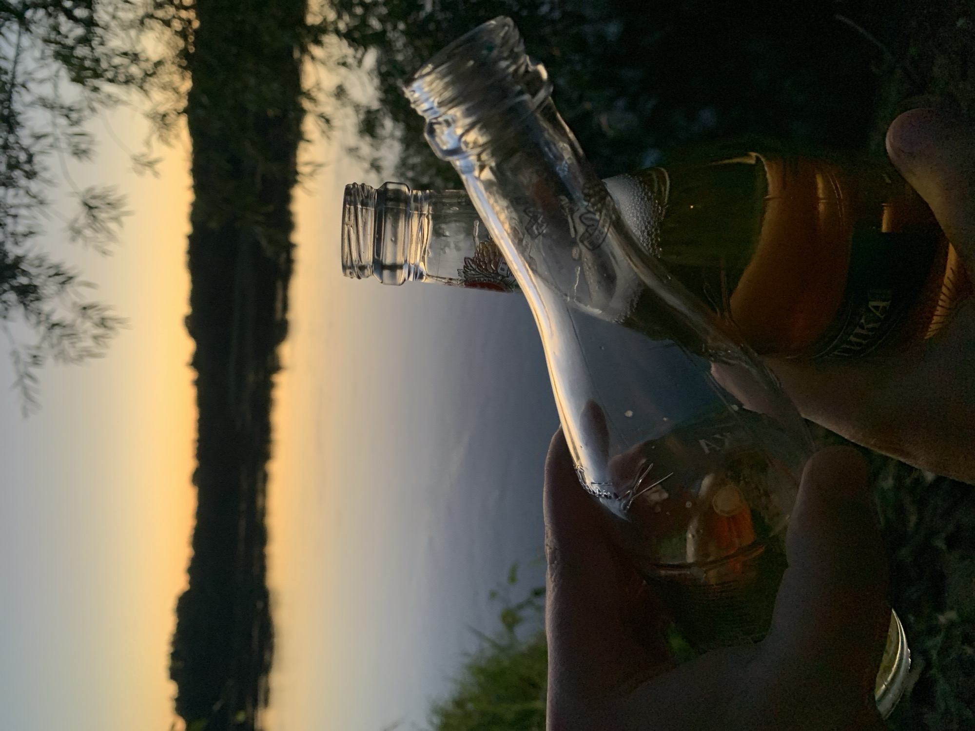 In Kirov, Russia, at dusk, two glass beer bottles are held by human hands, clinking together in a toast near a body of water, possibly the Vyatka River. The sky displays a gradient of soft orange and pale blue, reflecting on the calm water's surface. Silhouetted trees line the opposite bank, creating a dark, natural backdrop. The focus is on the two bottles, one partially filled with amber liquid and frothy bubbles, the other empty. The scene evokes a relaxed, outdoor setting.