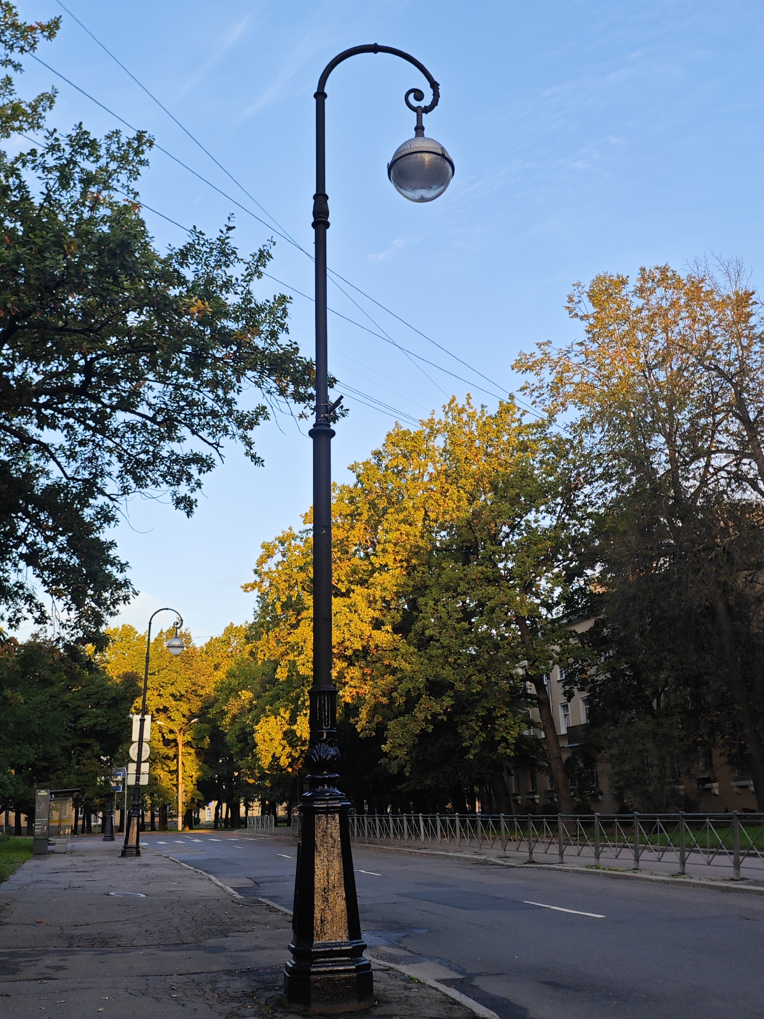 The image depicts a street scene in the city of Pushkin, Russia, likely during autumn. The foreground is dominated by a tall, dark lamppost with an ornate base and a globe-shaped light fixture. To the left, a paved sidewalk runs alongside the street, with another lamppost and signage further down. The street itself is asphalt, with a white line marking the lane. On the right side of the street, a metal fence separates the roadway from a grassy area and trees.
The background features a dense line of trees, many of which are displaying vibrant yellow and orange autumn foliage, illuminated by the warm light of the setting or rising sun. Behind the trees, a building is partially visible. The sky above is a clear, pale blue. No people are visible in the image. The overall impression is one of a quiet, autumnal urban landscape.