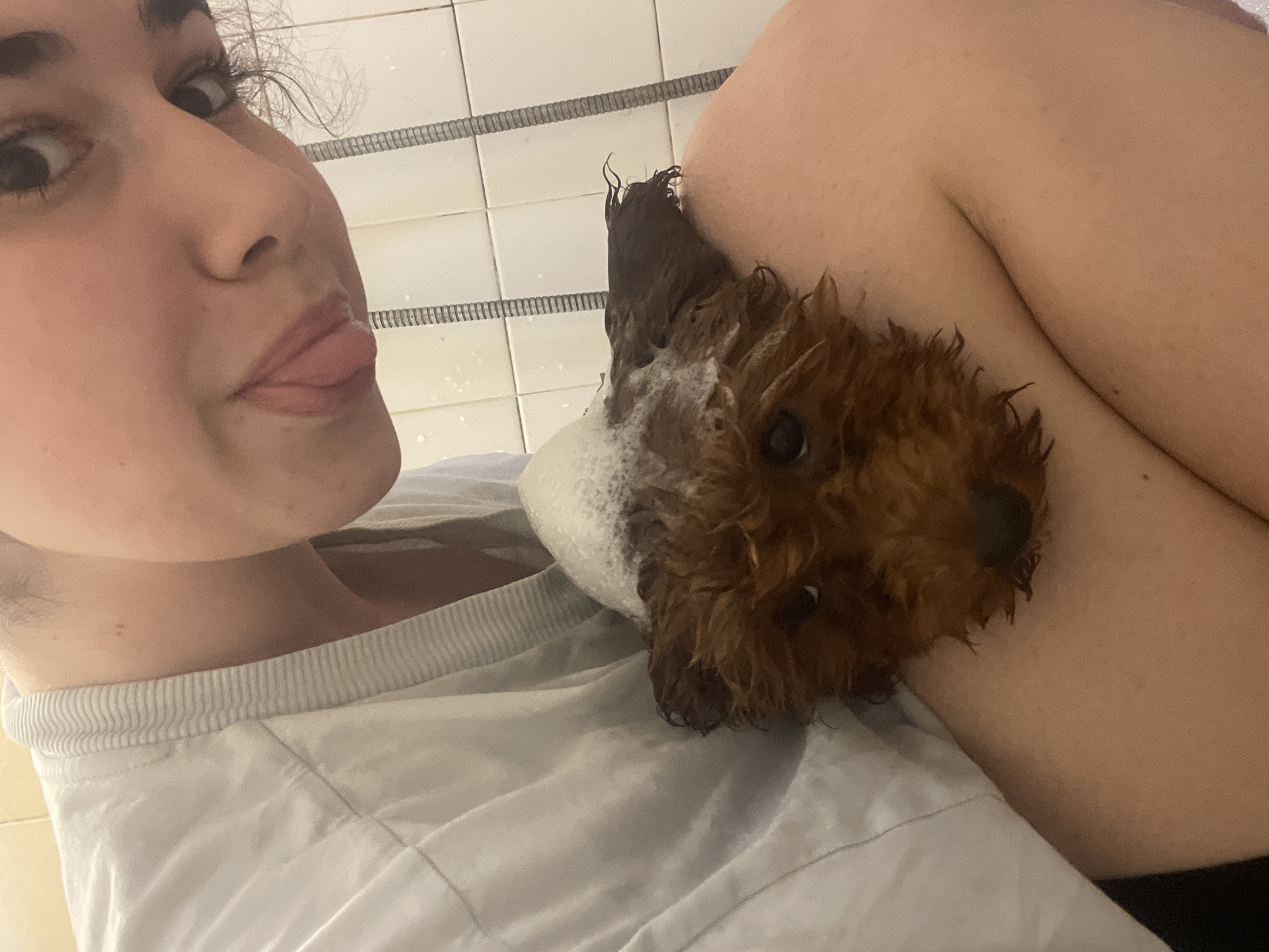 The image depicts a close-up, indoor scene in Sofia, Bulgaria, showing a person affectionately holding a small, wet dog, likely during or after a bath.
On the left side of the frame, a young person with fair skin, dark eyes, and dark, curly hair is captured from the chin upwards. She looks upwards and to the right, playfully sticking her tongue out. Her face conveys a lighthearted and engaged emotion. She is wearing a light-colored top, possibly white or light grey, with a ribbed neckline.
Resting on the person's shoulder and upper chest, occupying the right side of the image, is a small, fluffy-haired dog. Its fur is a reddish-brown color, visibly wet and somewhat matted, with patches of white foam or suds indicating it has recently been bathed. One of the dog's dark eyes is clearly visible, giving a wide-eyed expression.
The background features a white tiled wall with dark horizontal grout lines, characteristic of a bathroom. The scene suggests a tender and playful interaction between a pet owner and their dog during a grooming session. There is no visible text in the image.