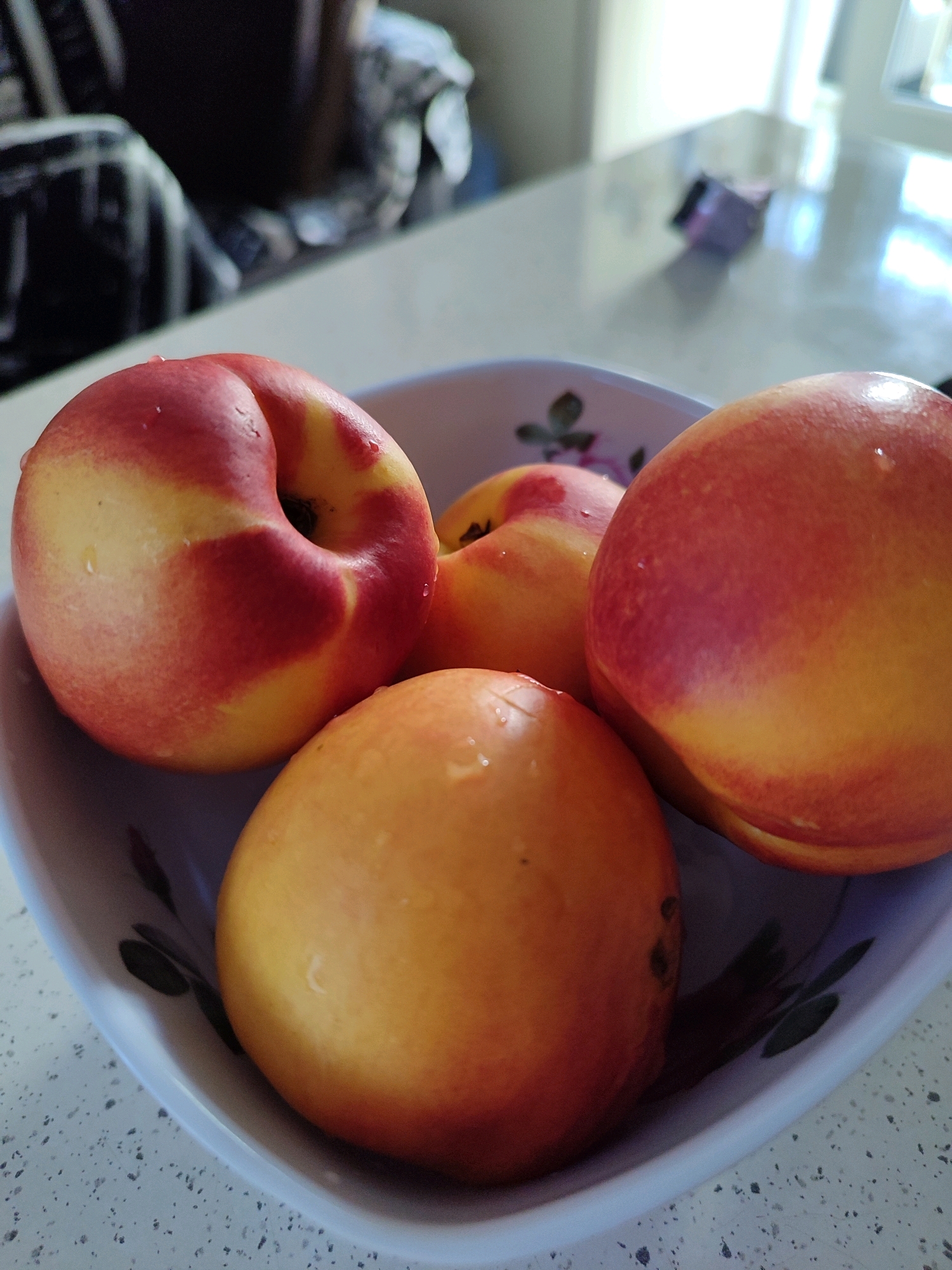 The image shows a close-up view of four nectarines in a white, patterned bowl. The nectarines are a mix of red and yellow, with some water droplets visible on their skin. The bowl is placed on a speckled white countertop, and the background is blurred, showing a hint of a person and a bright, indoor environment. The scene appears to be set in a kitchen or dining area. There is no specific visual information in the image that indicates the location is Tashkent, Uzbekistan.