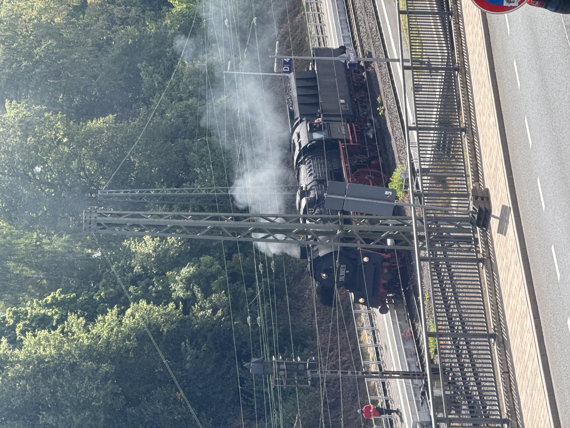 A black steam locomotive with red wheels is stopped at a station platform in Treysa, Germany. Smoke billows from its chimney. Two people are visible: one in a red shirt and blue cap standing on the platform near the locomotive, and another person in the distance walking on the platform. Overhead power lines crisscross the scene, supported by metal poles. Behind the tracks, a dense forest with green trees forms the backdrop. A road and a sidewalk with a metal fence are in the foreground, with shadows cast on the sidewalk. A blue and white station sign indicating "D 4" and "Treysa" is mounted on a pole near the train.