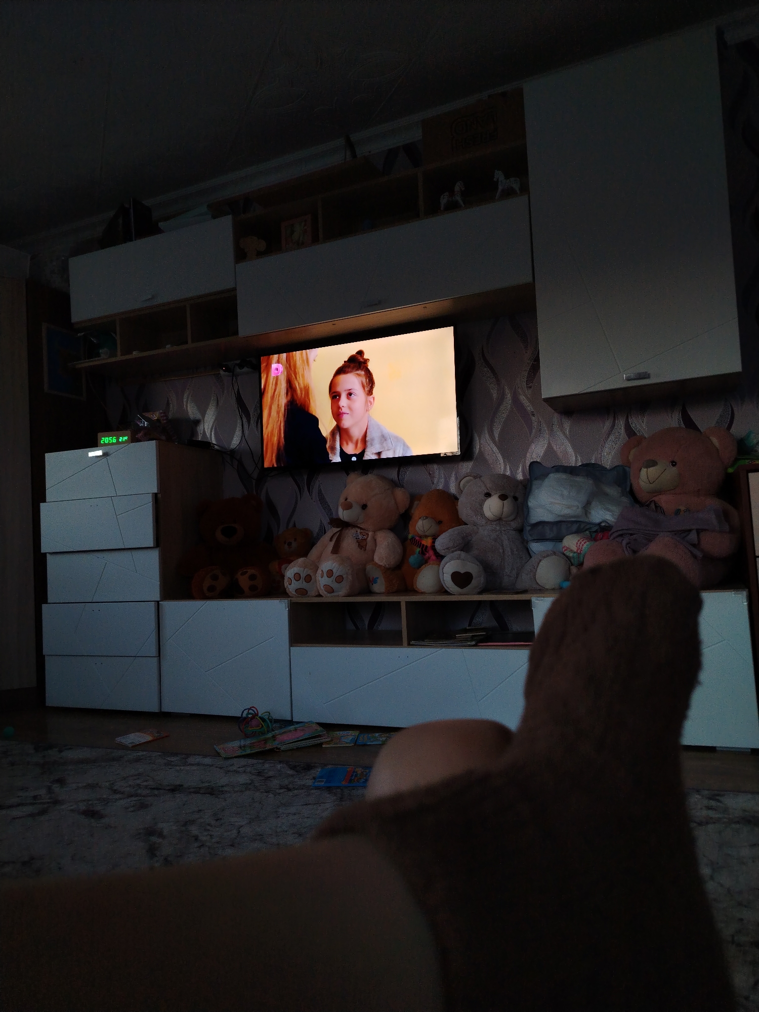 A dimly lit interior scene featuring a television displaying a young woman with her hair in a bun, centered above a low, white cabinet filled with plush toys including several teddy bears. Various children's books and toys are scattered on the floor in front of the cabinet. A portion of a person's leg and sock is visible in the foreground, obscuring some of the view. The room is furnished with a large, white modular storage unit that extends across the wall, above the television. The location is suggested to be Гожан, Russia.