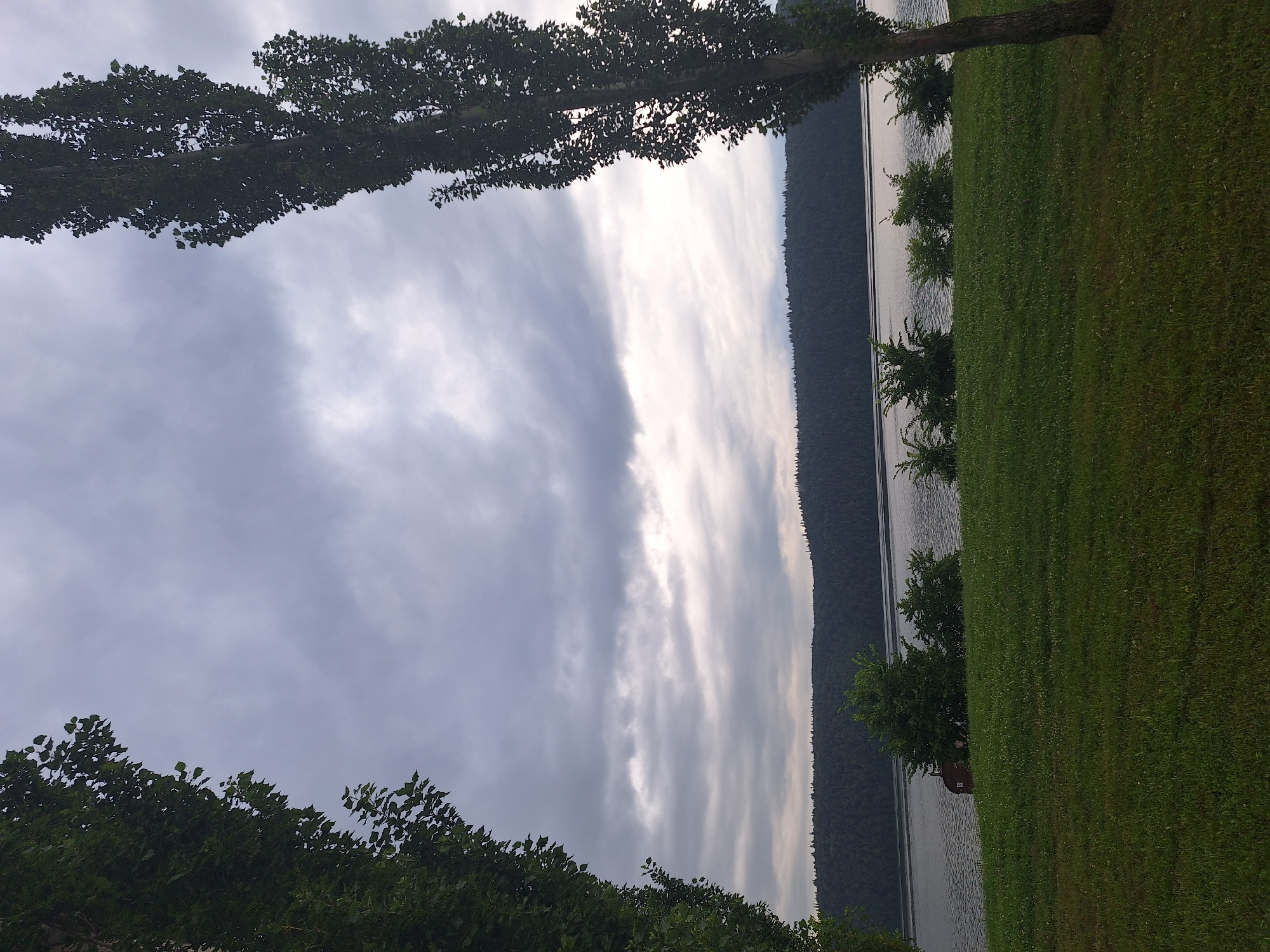 The image depicts a serene natural landscape, likely near a body of water, with a dense forest covering a distant hillside. The foreground is a lush green lawn, possibly a park or recreational area. Two tall, slender trees frame the view on the left and right sides of the image, their foliage contributing to the natural setting. A calm body of water stretches across the middle ground, reflecting the overcast sky. The sky itself is filled with dramatic, grey clouds, suggesting an impending change in weather. A small, dark red building with a visible roofline is nestled among some bushes near the water's edge, adding a touch of human presence to the otherwise untouched scenery. The overall impression is one of tranquility and natural beauty. The location is identified as near Атамановка, Russia.
