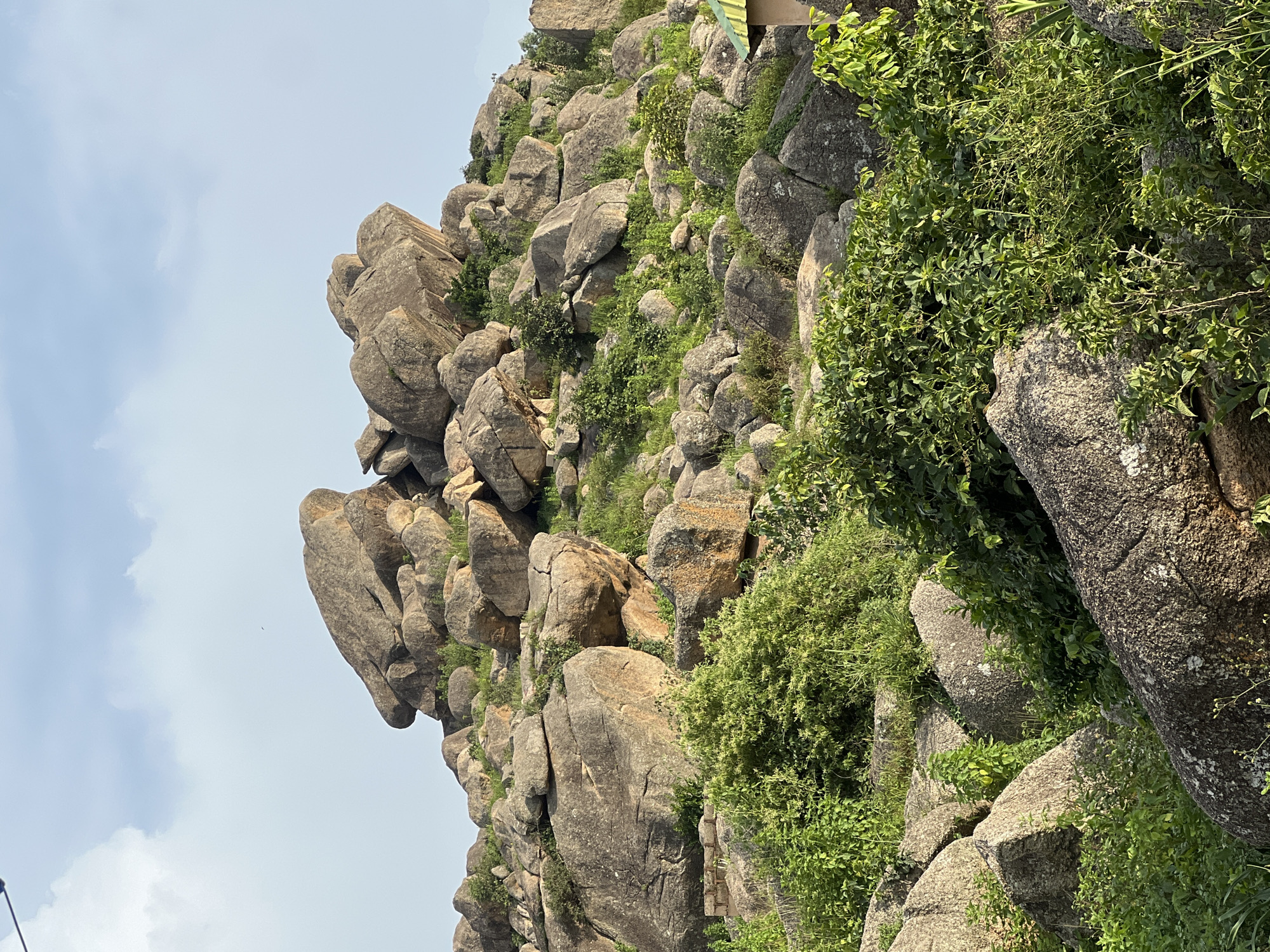 The image depicts a rocky hill covered in green vegetation, located in Jos, Nigeria. The foreground features large boulders, some partially covered by dense green bushes. The midground is a continuation of the rocky terrain with scattered rocks of various sizes and more lush greenery. The background shows the top of the hill with massive, weathered rock formations that appear to be granite. The sky above is partly cloudy with a light blue hue. A small portion of a structure with a green roof is visible on the far right of the image. There are no people or animals visible in the frame.