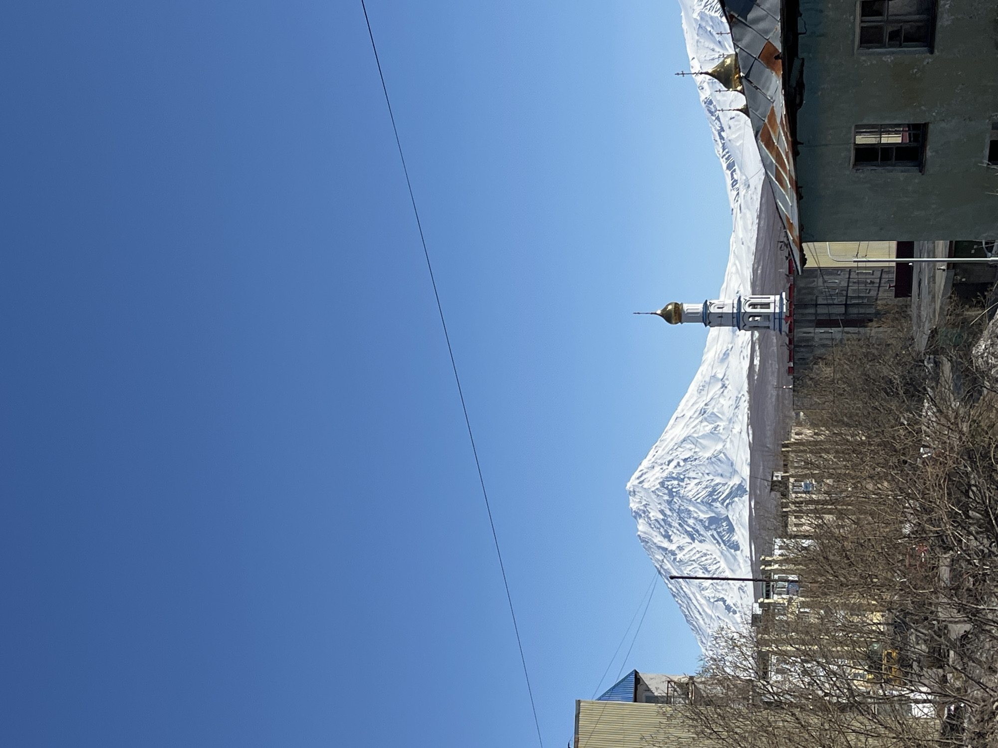 The image shows a view of Petropavlovsk-Kamchatsky, Russia. A snow-covered mountain is visible in the background. In front of the mountain, there is a white tower with a golden dome, likely part of a church or religious building. The foreground includes buildings, bare trees, and an overhead power line crossing the sky. The sky is a clear blue. The photograph appears to be taken during the daytime.