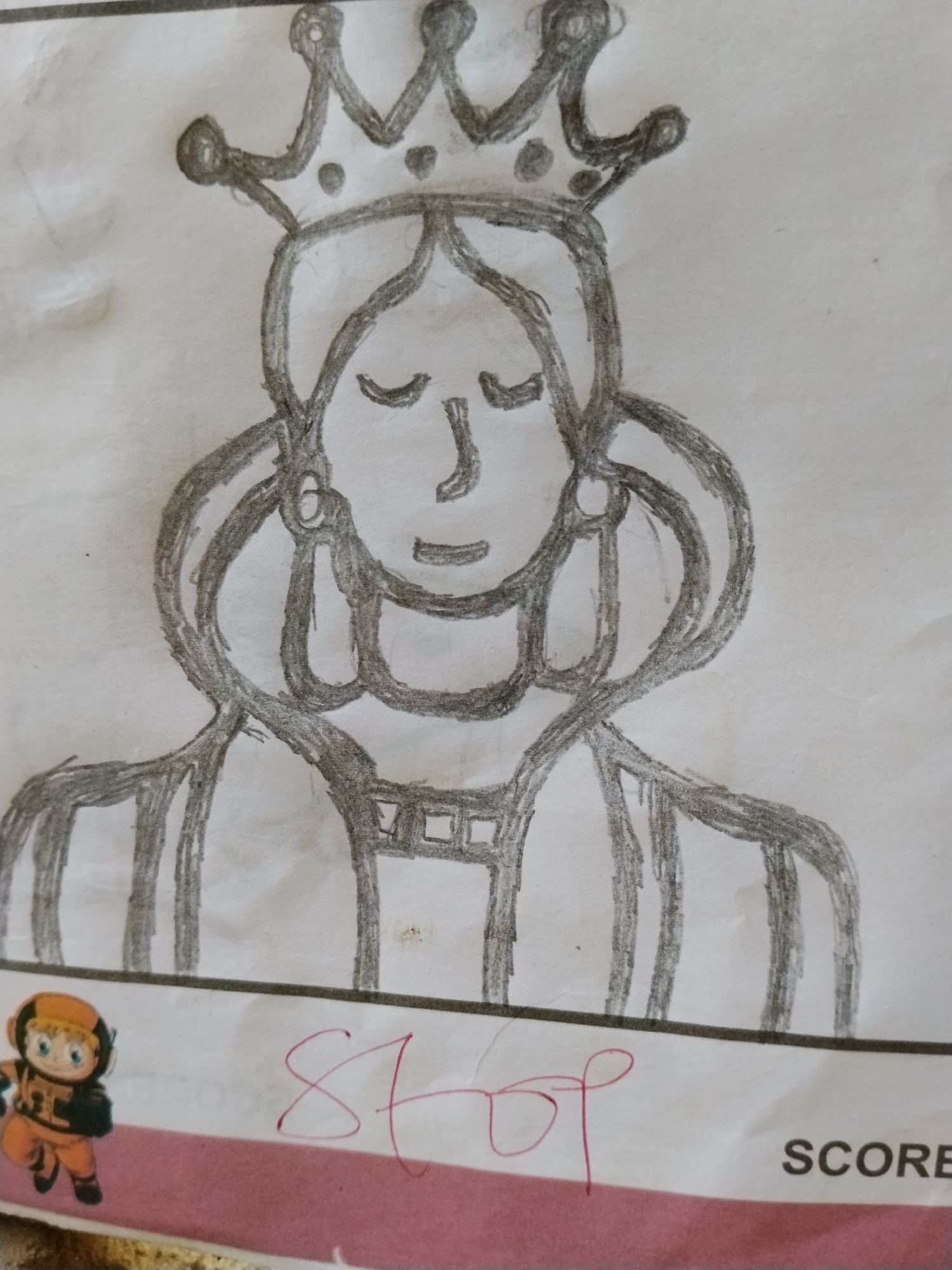 A hand-drawn sketch of a queen, featuring a crown, closed eyes, and a simple mouth line. The drawing is rendered in pencil or a similar medium, on white paper. The paper shows additional markings: a cartoon figure, the handwritten number "84", and the partial word "SCORE". The background is a pink surface. The location of Sabon Tasha, Nigeria, is not depicted in the image.
