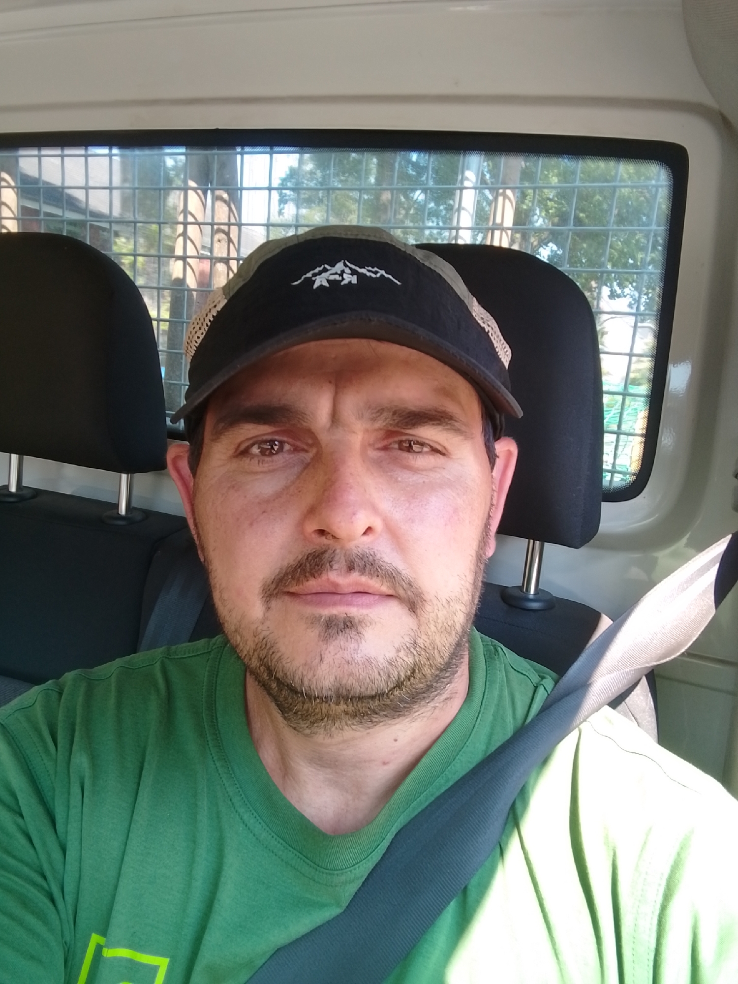 A man wearing a green t-shirt and a black and tan baseball cap is sitting in the passenger seat of a vehicle. He has a beard and mustache and is looking at the camera. The seatbelt is fastened across his chest. Through the back window, a metal grate is visible, along with trees and a building in the background. The image appears to be taken during the daytime.