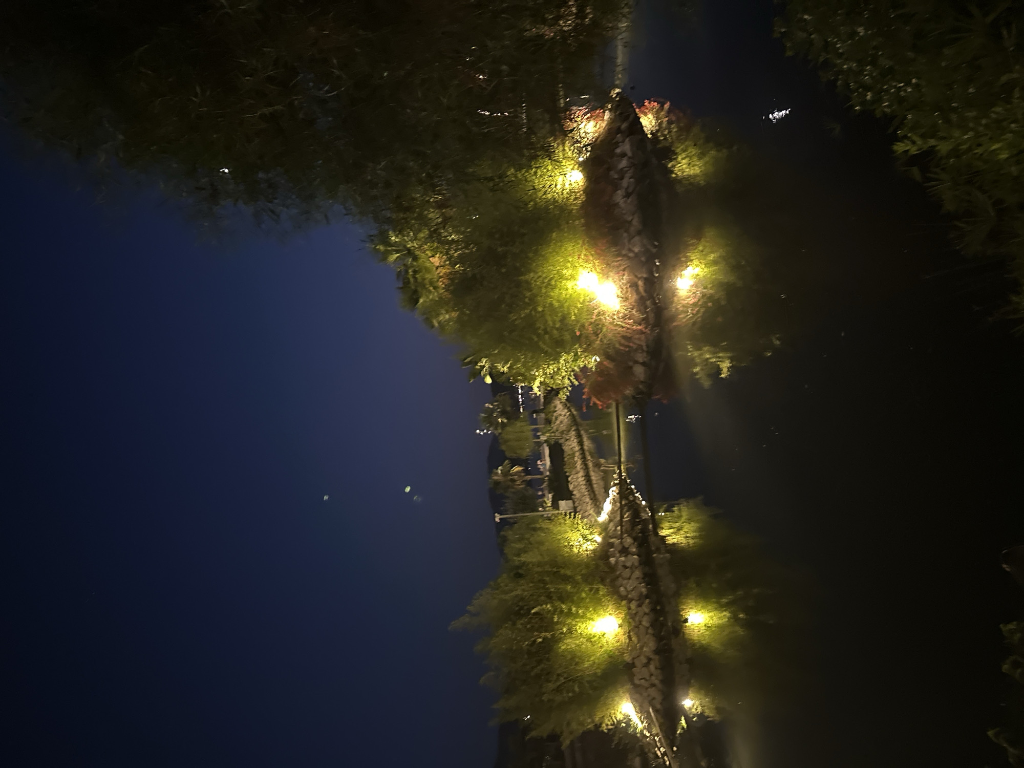 This image depicts a nighttime scene at the Fethiye Kordon, a waterfront promenade in Fethiye, Turkey. The Kordon is illuminated with artificial lights, highlighting islands of greenery in a calm body of water. Two prominent islands are lit with bright yellow lights, casting reflections on the dark water. The sky is a deep navy blue, with a few faint lights visible, possibly stars or distant lights from the city. The foreground features the dark, still water, reflecting the illuminated islands. The overall impression is one of a serene and beautifully lit park area.