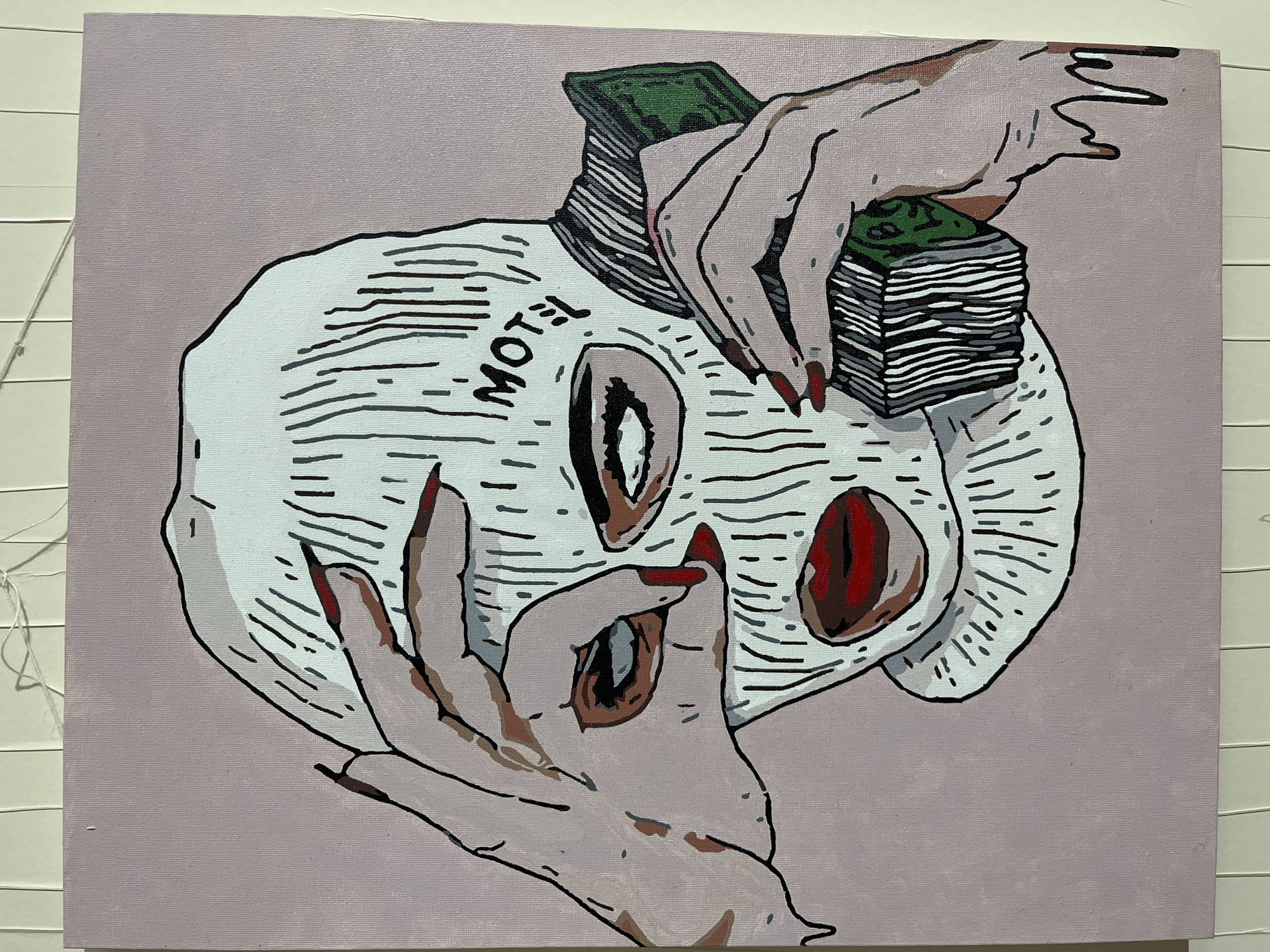 A painting depicting a figure wearing a white ski mask with black lines and the word "MOTEL" written on it. Two hands with red nail polish hold the mask. The upper hand appears to be holding a stack of money. The background is a light pink color. The location of Ореховка, Russia, is not directly depicted or referenced within the image.