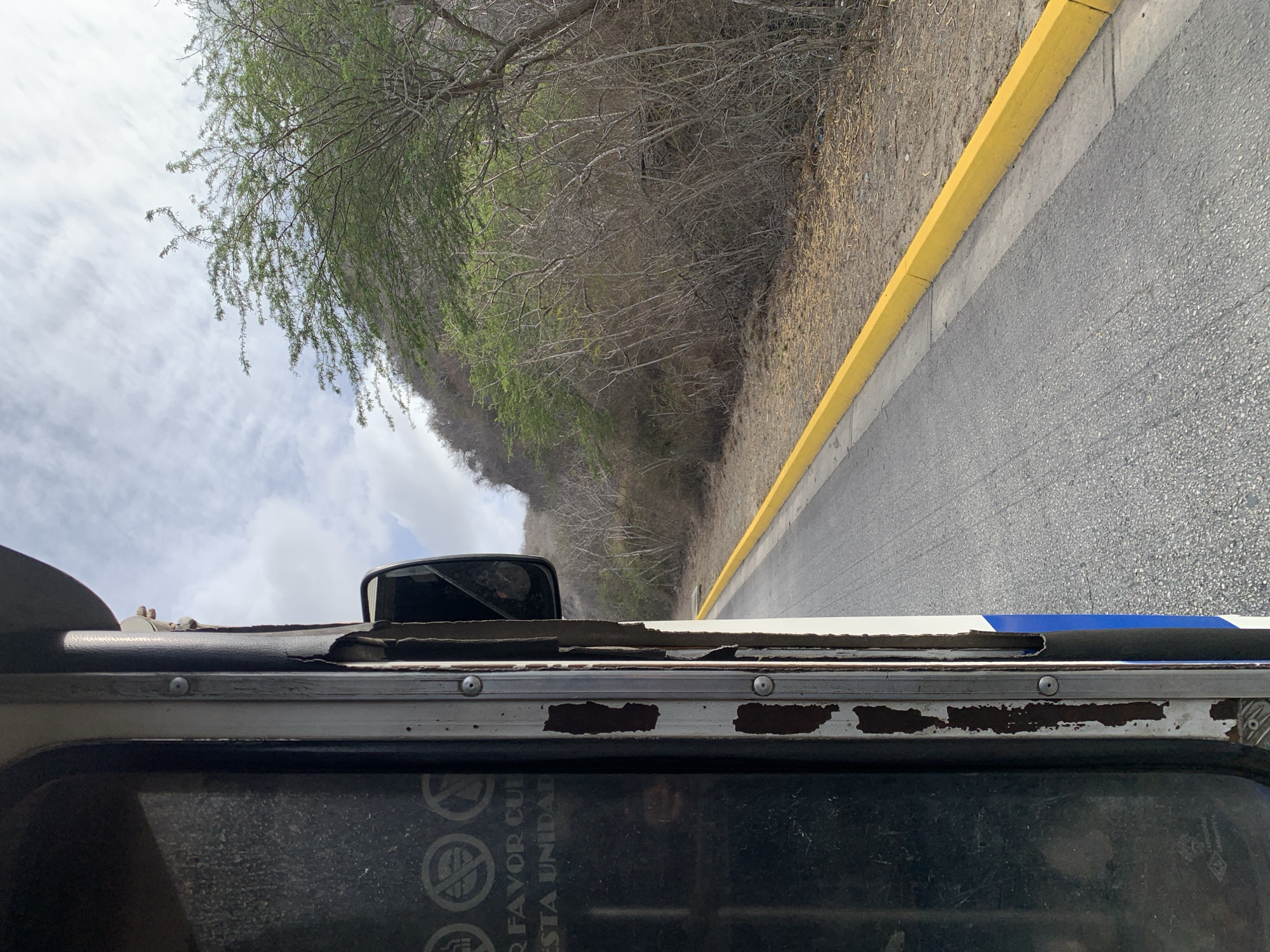 The image, oriented horizontally, captures a view from inside a moving vehicle, likely a bus or similar transport, in La Asuncion, Venezuela. The bottom portion of the frame shows the upper part of the vehicle's interior/exterior, including a worn metallic strip with rivets, peeling white paint revealing rust, and a partial blue stripe on the right. Below this, a dark window or panel displays faded white text in Spanish, including phrases like "POR FAVOR CUI..." and "ESTA UNIDAD," along with circular prohibition icons, suggesting public transport rules. A side mirror is visible on the left, reflecting the surrounding landscape.
Beyond the vehicle, a paved road with a distinct yellow curb stretches towards the right into the distance. The road is bordered by a dry, unpaved shoulder with sparse, brownish vegetation. In the background, a steep hillside rises, covered in a mix of bare, deciduous trees and others with fresh green leaves, characteristic of a dry tropical environment. The sky above is partly cloudy, with white clouds against a pale blue. The scene depicts a daytime journey through a scenic, rugged landscape under fair weather.