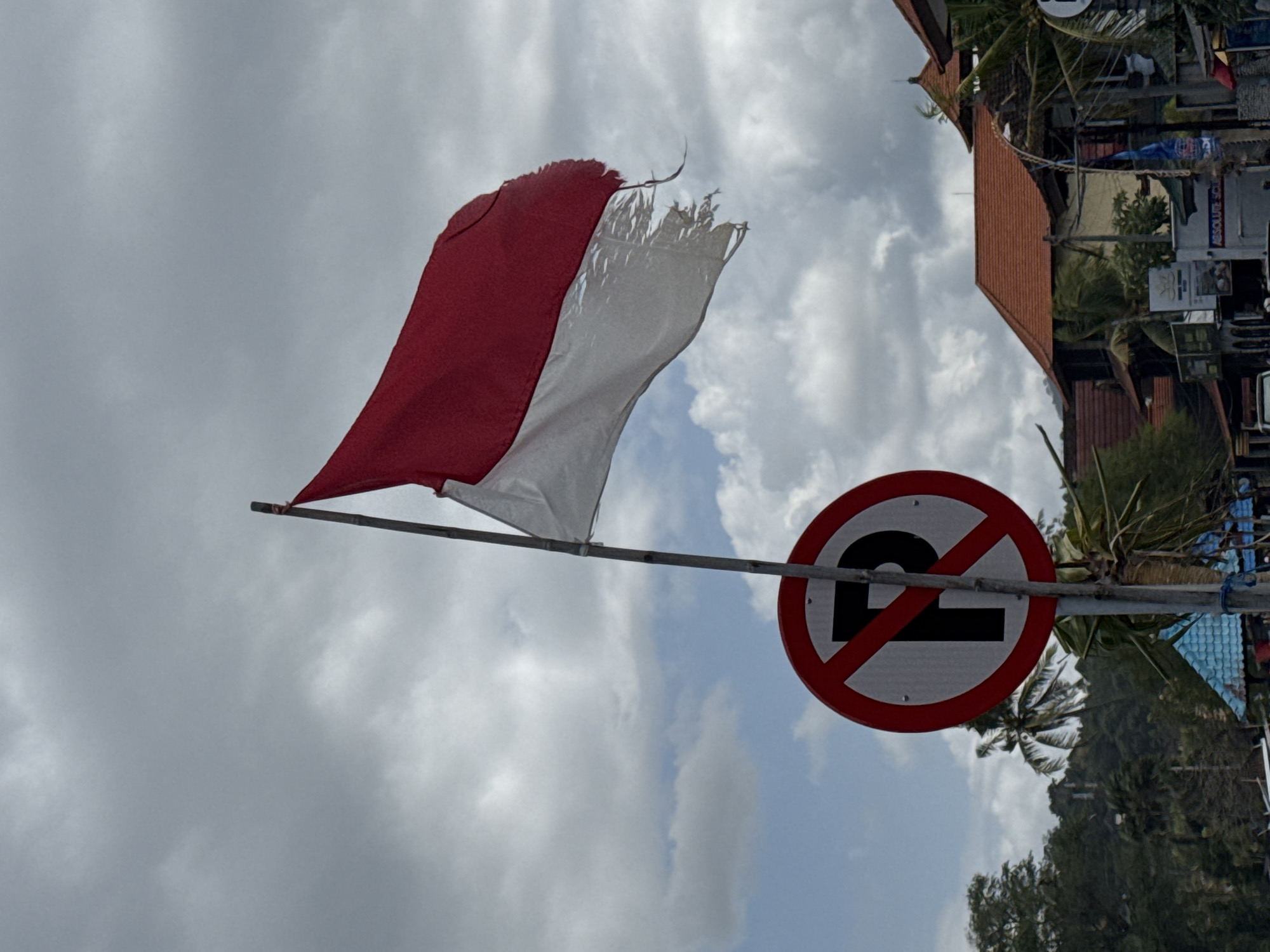 An Indonesian flag, torn and tattered, waves on a flagpole against a cloudy sky. A red and white circular sign with a black letter "P" crossed out, indicating no parking, is mounted on the same pole, lower than the flag. Behind these objects, a tropical landscape is visible, featuring lush green trees, palm trees, and buildings with terracotta roofs. A small blue-roofed structure is also present. The scene appears to be set in Manggis, Indonesia, suggesting a coastal or semi-tropical urban environment.
