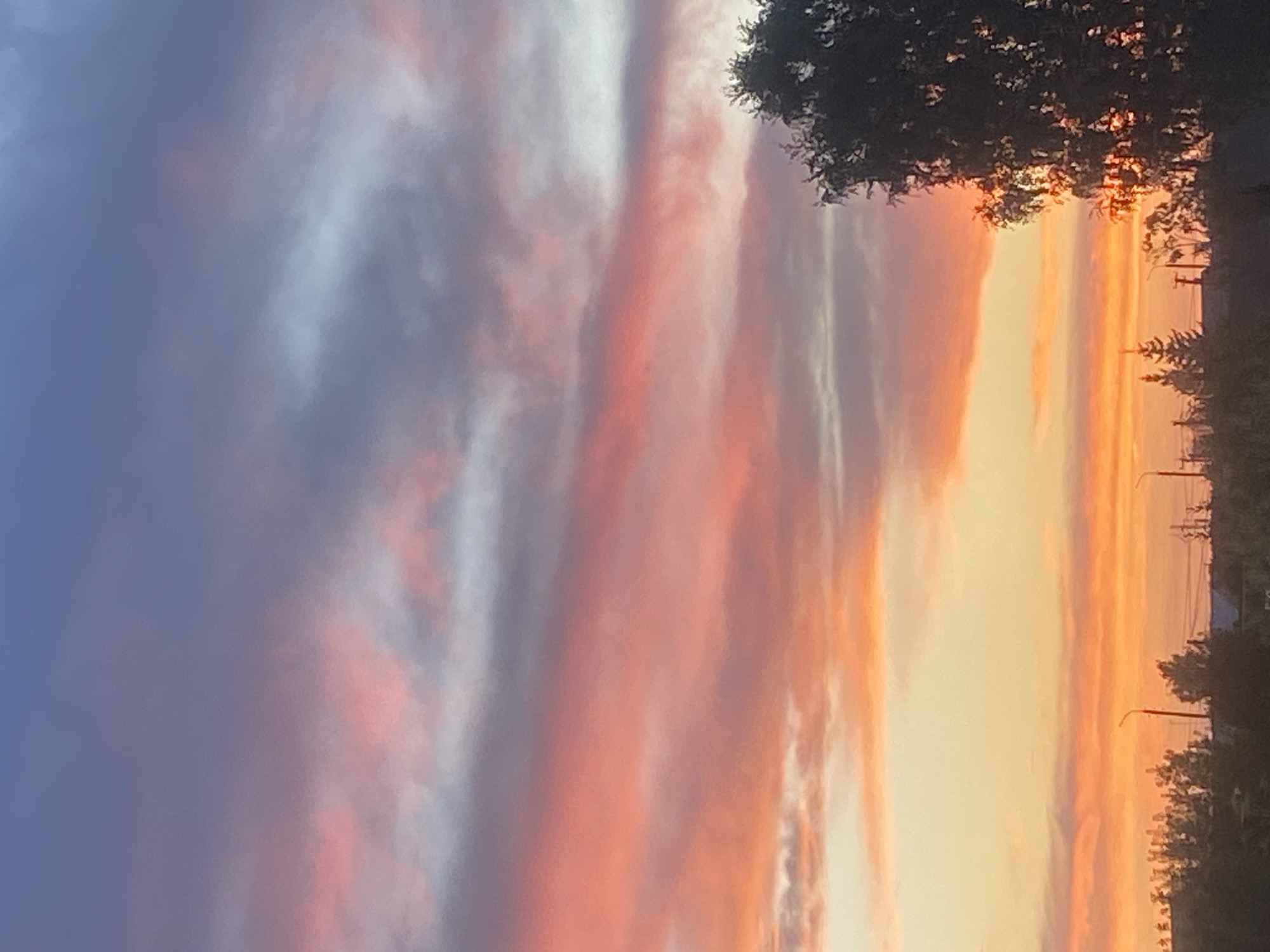 This media file captures a dramatic sunset over the town of Tolbazy, Russia. The sky is a canvas of vibrant colors, with streaks of deep purple, soft pink, and fiery orange dominating the scene. Wispy clouds are illuminated by the setting sun, creating a textured and dynamic display.
In the foreground, silhouetted against the colorful sky, is a line of trees and utility poles, suggesting a suburban or rural setting. The trees are dark and leafy, providing a stark contrast to the bright sky. The utility poles and wires indicate human infrastructure within the natural landscape.
The time of day is clearly sunset, evidenced by the intense and varied colors of the sky, as well as the long shadows that would be cast by the trees and poles. The weather appears clear, allowing for an unobstructed view of the atmospheric phenomenon.
There is no visible text in the image. The overall mood evoked by the image is one of awe and natural beauty, with the dramatic colors of the sunset creating a sense of wonder. The composition, with the silhouetted elements framing the vibrant sky, emphasizes the grandeur of the sunset.