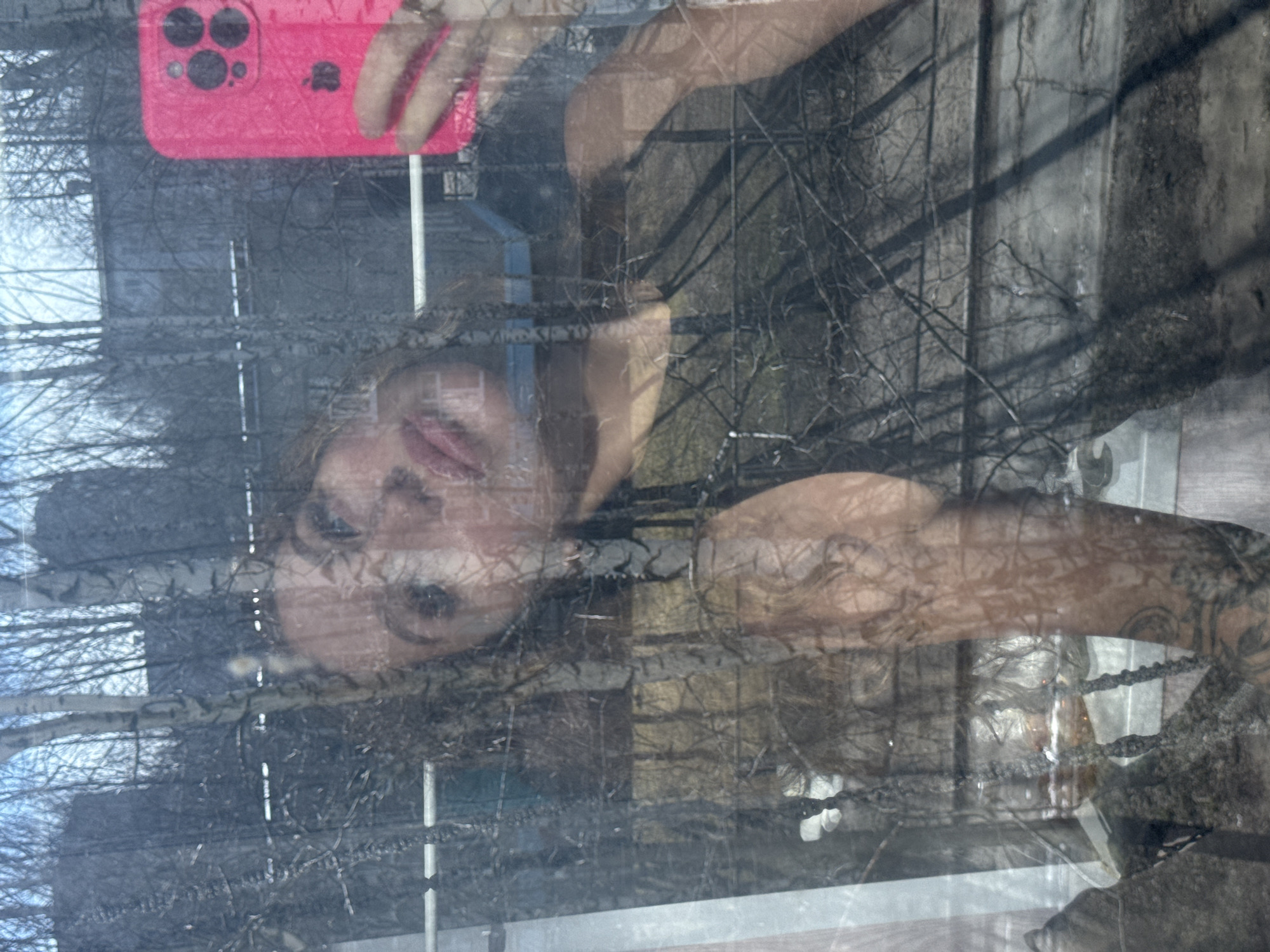 The image captures a complex reflection of a person taking a selfie through a window, superimposed on the view of the outdoors. A person, whose face (featuring full, slightly parted lips and visible eye makeup), shoulders, and arm are discernible, holds a bright pink smartphone, likely an iPhone, with a triple-lens camera setup and an Apple logo clearly visible on its back. Part of the person's arm appears to have a tattoo.
The transparent window allows a view of the external environment, which primarily consists of numerous bare tree branches against a light, possibly overcast, sky. This suggests the season is late fall, winter, or early spring. Faint, blurred outlines of distant structures or buildings can be seen beyond the trees. The interplay of reflections and transparency creates a layered, somewhat distorted, and ethereal visual effect. The scene is illuminated by natural daylight. No specific location cues are visible within the image itself to confirm the Chaikovsky, Russia context, beyond a general appearance consistent with a temperate climate. There is no other visible text apart from the Apple logo.