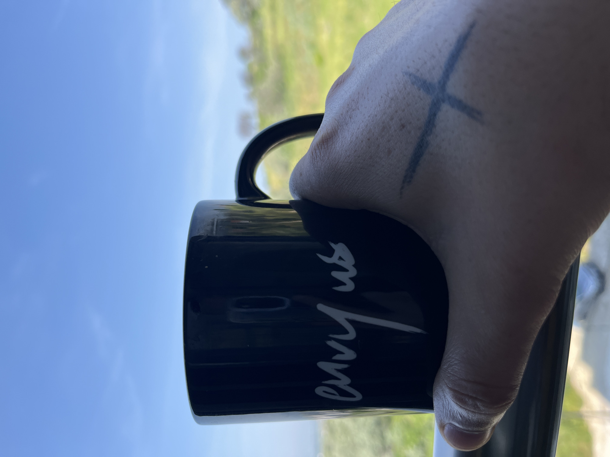 A close-up image captures a light-toned human hand holding a black cylindrical mug outdoors. The mug bears white cursive text reading "envy us." A faded dark 'X' mark is visible on the back of the hand, which grips the mug's handle. The thumb of the hand rests on a dark horizontal railing. The background features a clear, light blue sky. Below the sky, on the left, a calm body of water, identified as the Black Sea, extends to the horizon. On the right, a landscape of vibrant green, undulating hills or slopes with scattered trees is visible. This scene is consistent with an elevated vantage point within or adjacent to the city of Varna, Bulgaria, overlooking the Black Sea and its surrounding natural terrain.