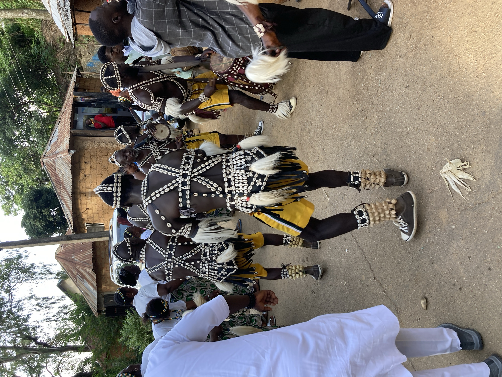 The image depicts a cultural event in Jos, Nigeria, where a group of individuals are engaged in traditional drumming and dancing. The foreground features several men adorned in elaborate costumes consisting of black and yellow attire, decorated with numerous shells and white fur accents. They are wearing shell-adorned anklets and some have drums. One person in the foreground is wearing a white outfit and black trousers. In the background, there are traditional mud-brick houses with corrugated iron roofs, and dense green vegetation. The ground is a dusty, paved surface. The overall atmosphere suggests a vibrant cultural celebration.