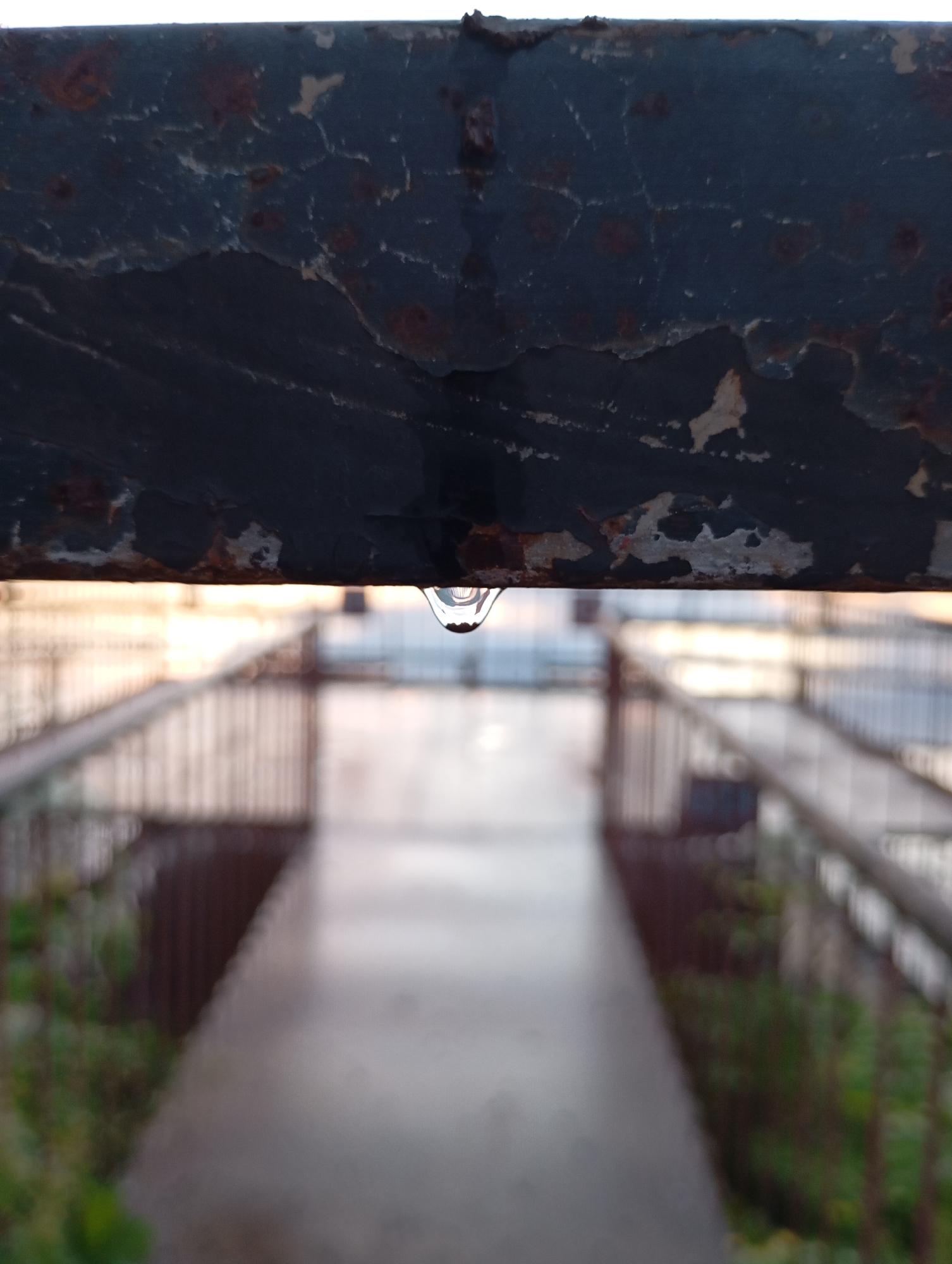 The image shows a close-up of a rusted, dark-colored metal bar with peeling paint. A single water droplet is suspended from the underside of the bar, reflecting the blurry background. The background appears to be an outdoor walkway or bridge with railings on either side, leading into a softly lit, outdoor environment. The overall scene suggests a potentially damp or post-rain condition. The location is specified as Ryabki, Russia.