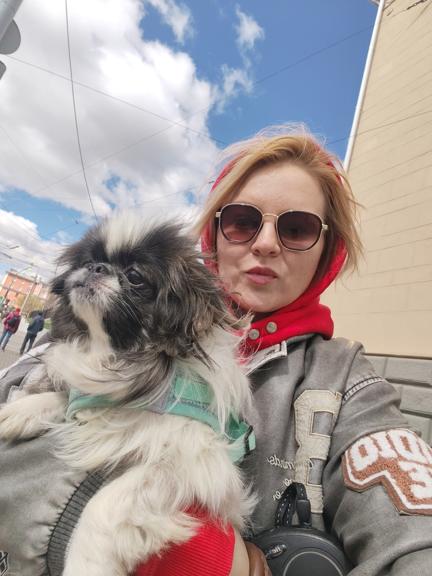 A woman with blond hair and sunglasses is holding a black and white Pekingese dog. The woman is wearing a red hooded sweatshirt under a gray jacket with patches. She is standing on a street with a building to her right. Overhead power lines crisscross the sky, which is partly cloudy. Other people are walking in the background. This photo was taken in Izhevsk, Russia.