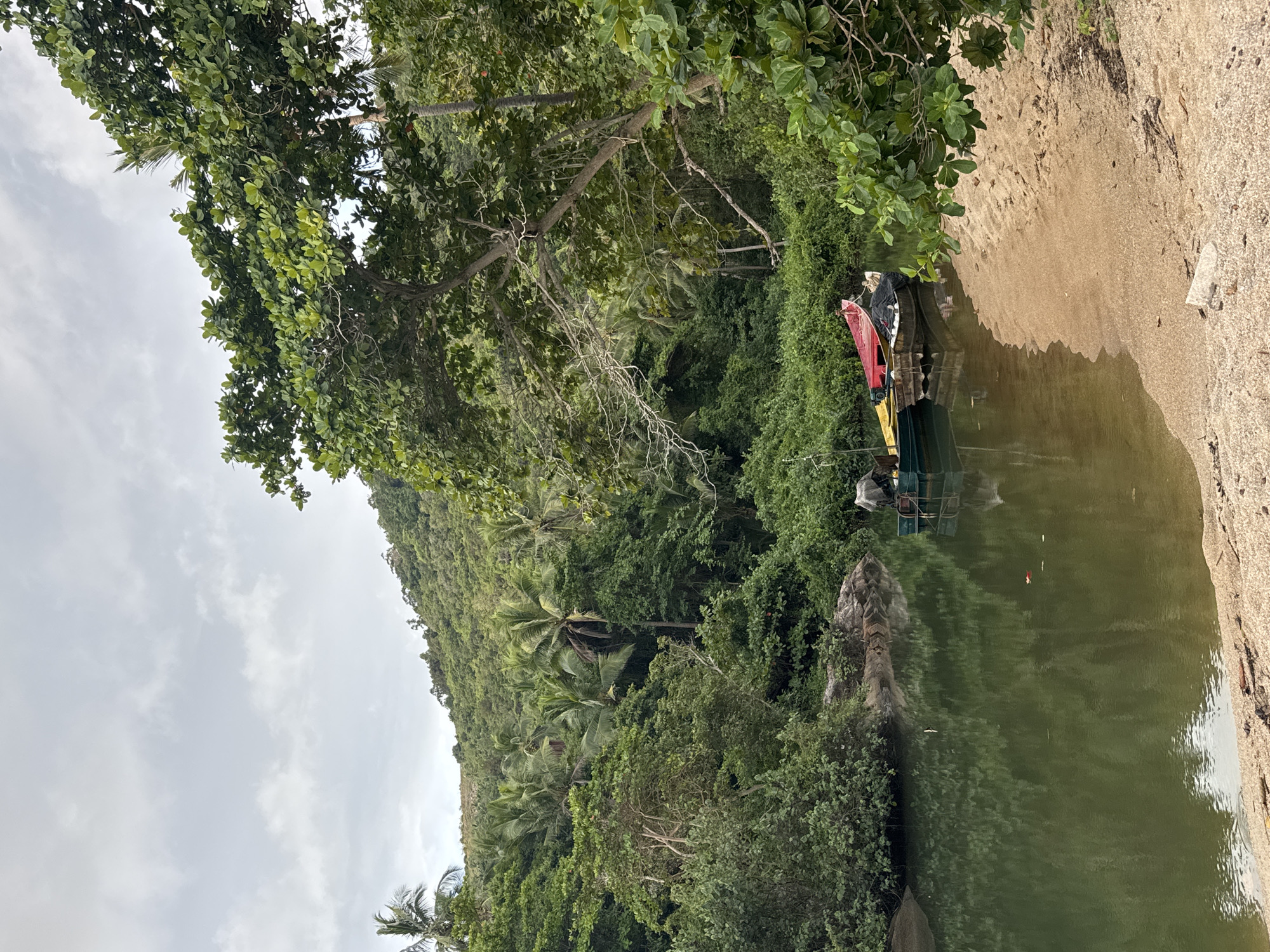 The image depicts a lush, tropical scene in Baan Thong Nang, Thailand. A green, densely vegetated hillside slopes down to a body of water. The water reflects the greenery and sky. On the shoreline, a sandy beach meets the water's edge. Several boats are moored near the beach, one with a red portion visible, and some with black tarps. The foreground is dominated by trees and vegetation, providing a partial canopy over the scene. The sky is overcast with clouds. A rocky area is on the right shore.